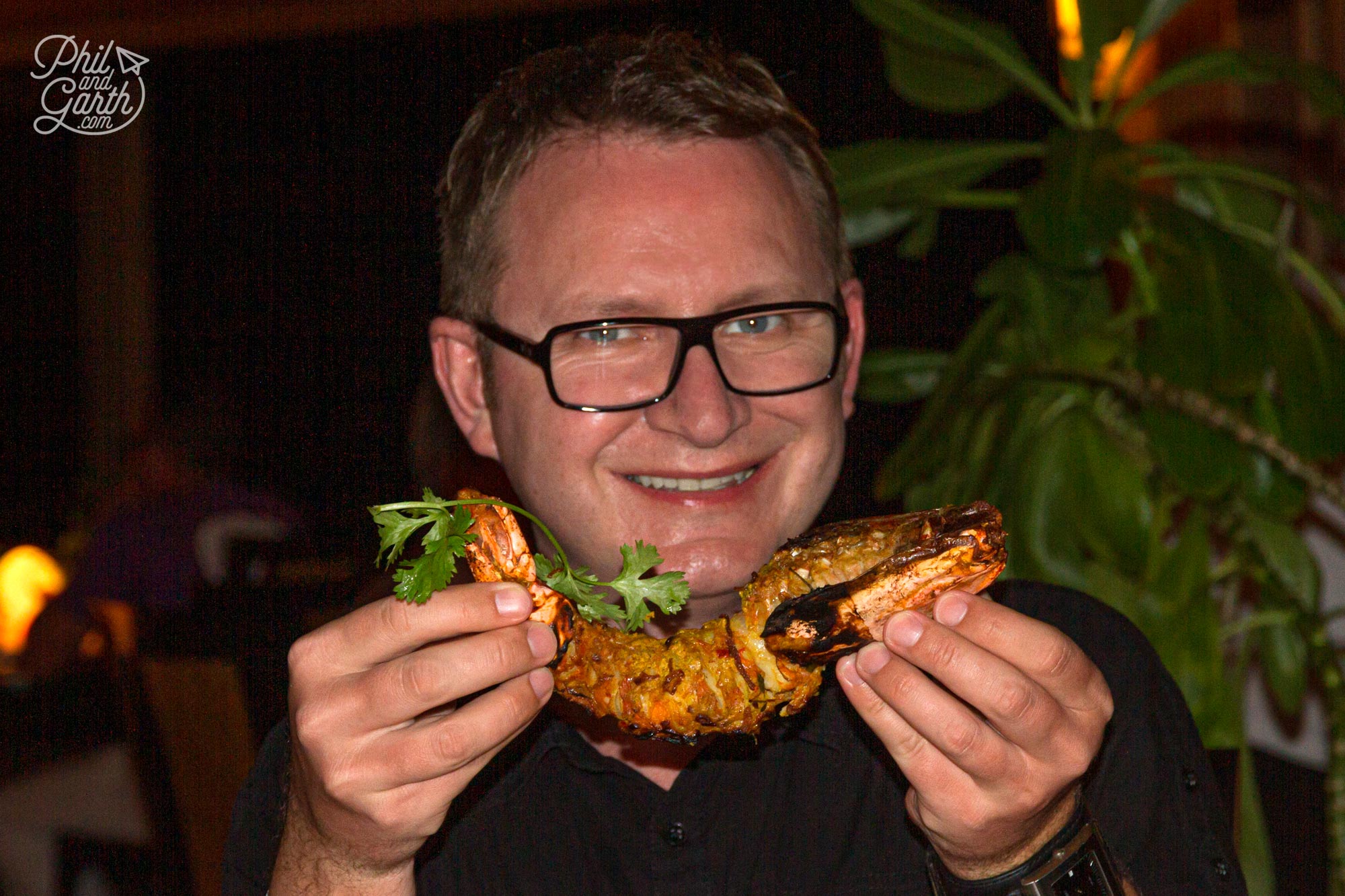 Garth with his enormous grilled prawn