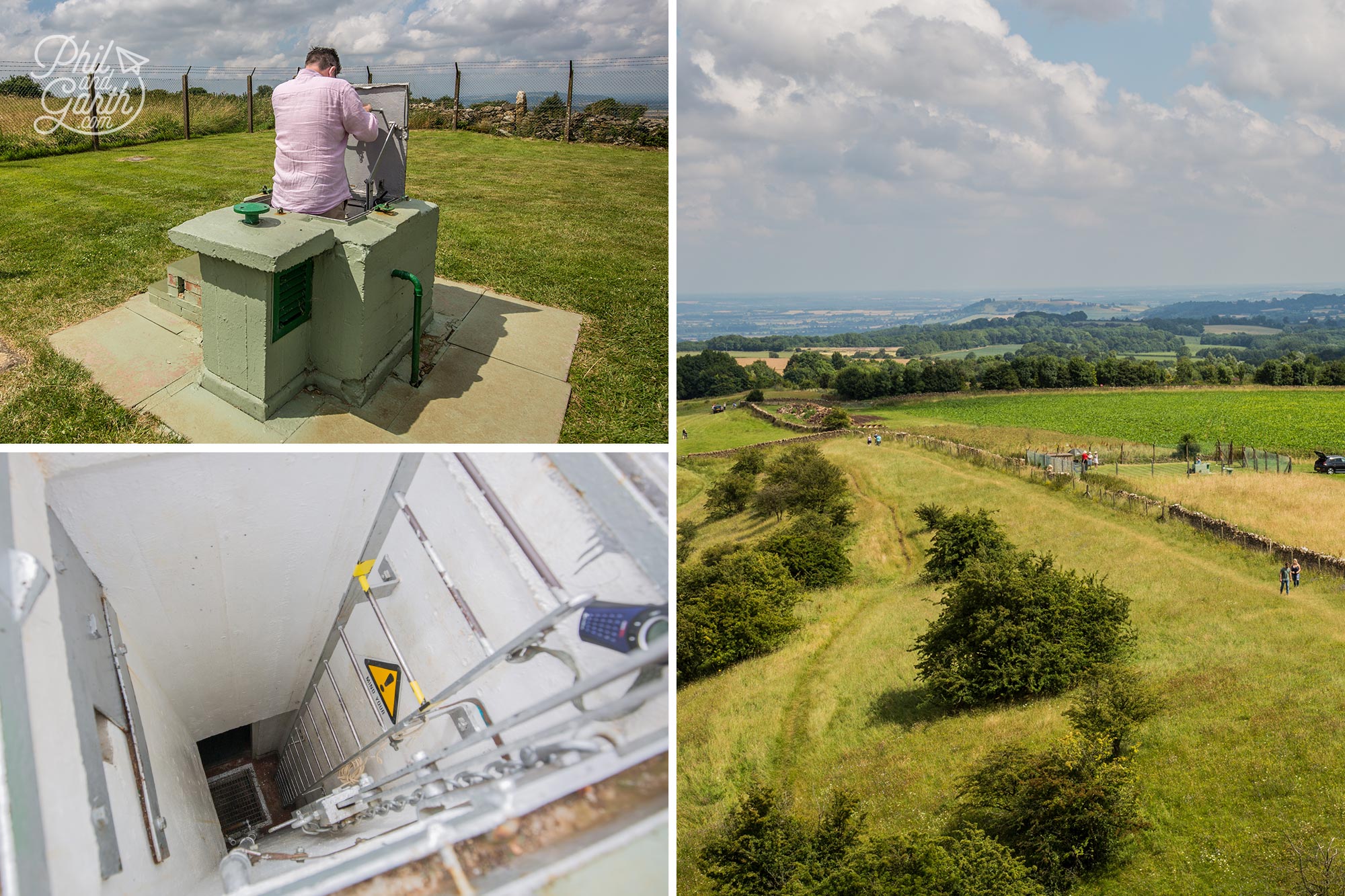 View from the tower of the nuclear bunker, and Phil climbing down the ladder