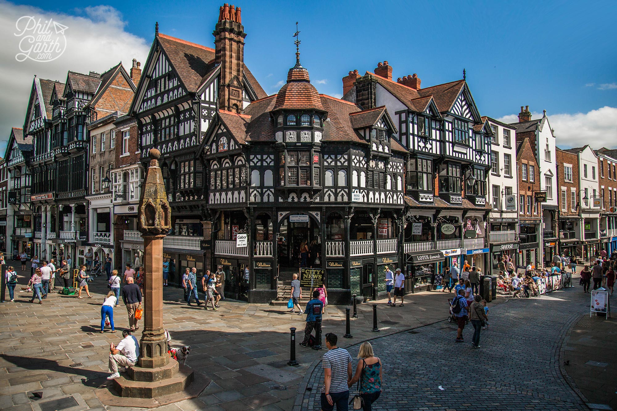 The Market Lantern Cross in the foreground with Chester's unique Rows in the background