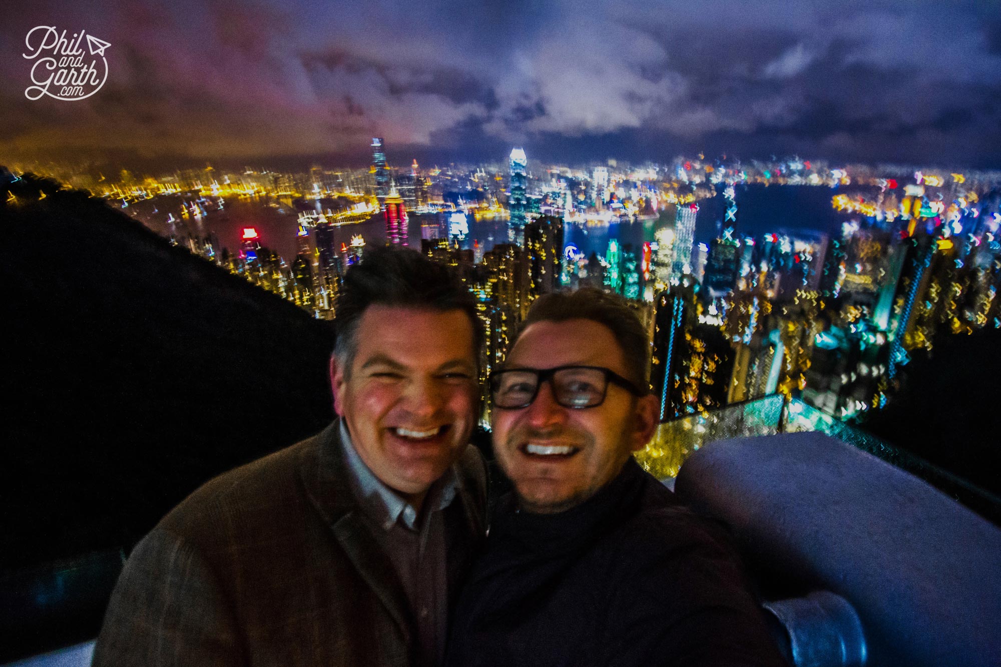 Phil and Garth selfie from Victoria Peak in freezing cold, wind and rain!