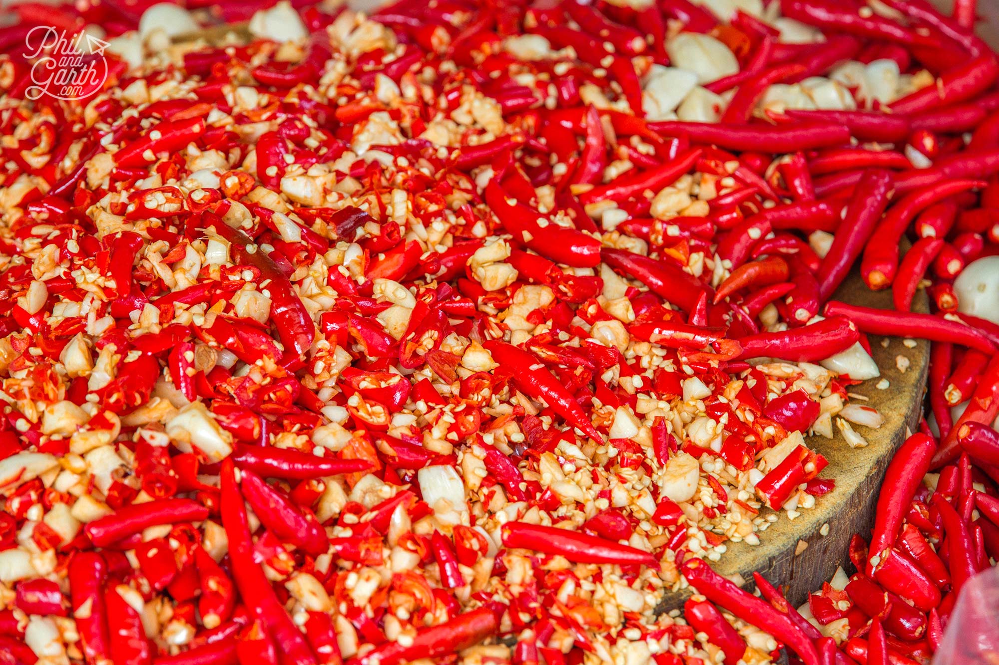 A huge bowl of chilli and garlic for sale!
