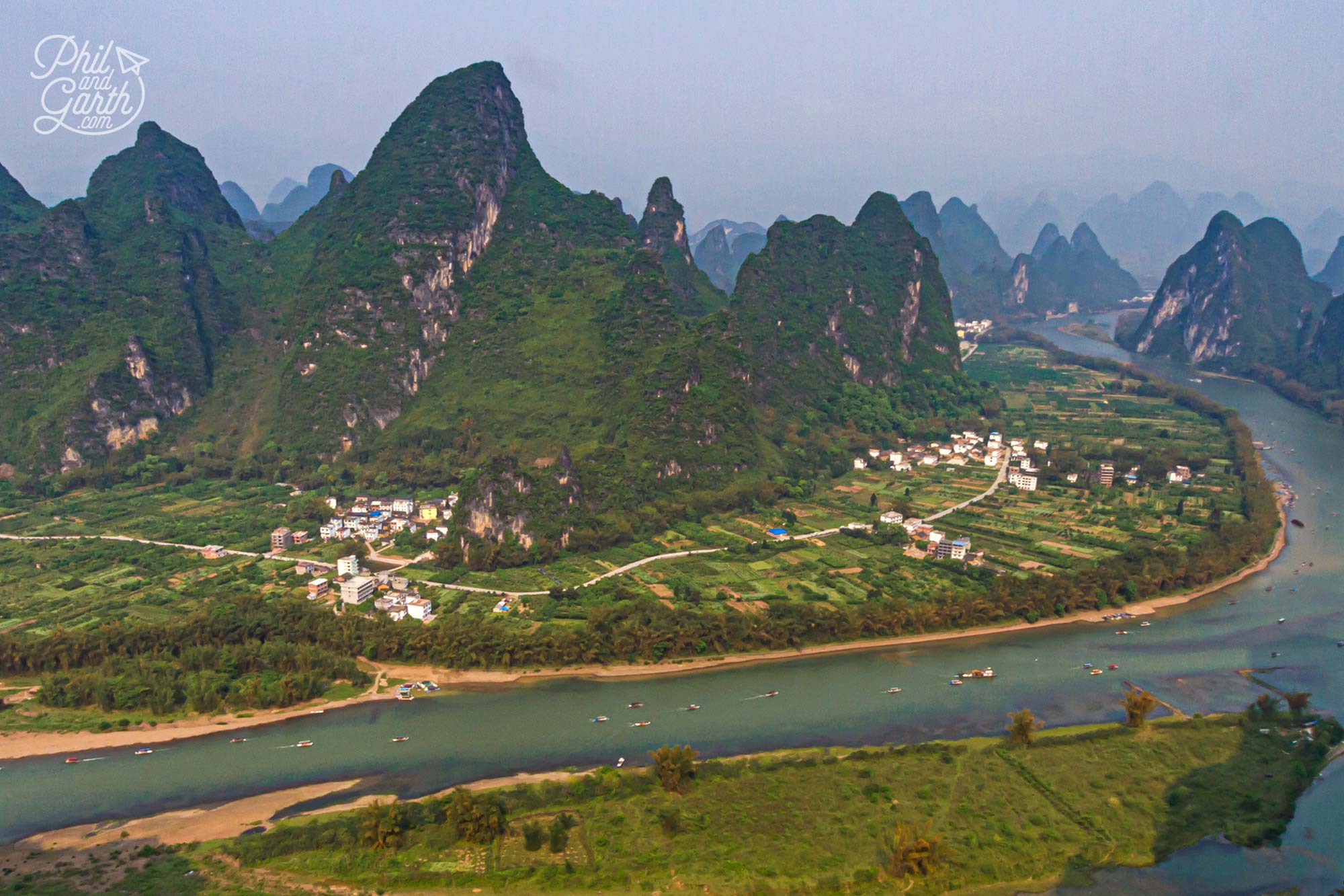 Bird's eye view of the cruise boats on the Li River Yangshou China