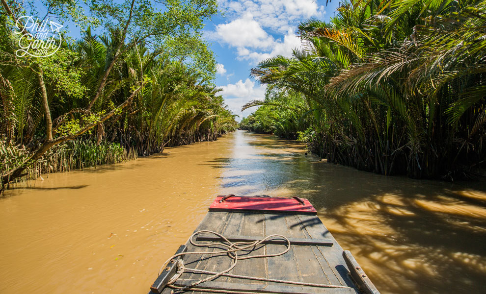 The view from the front travelling down a narrow canal