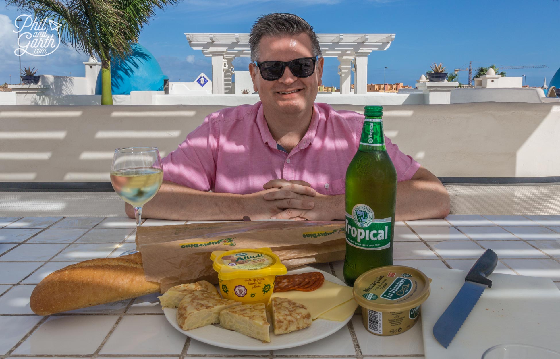Our favourite - a Spanish tapas lunch of ailoli, tortilla, ensalada rusa, chorizo, bread, wine and beer!