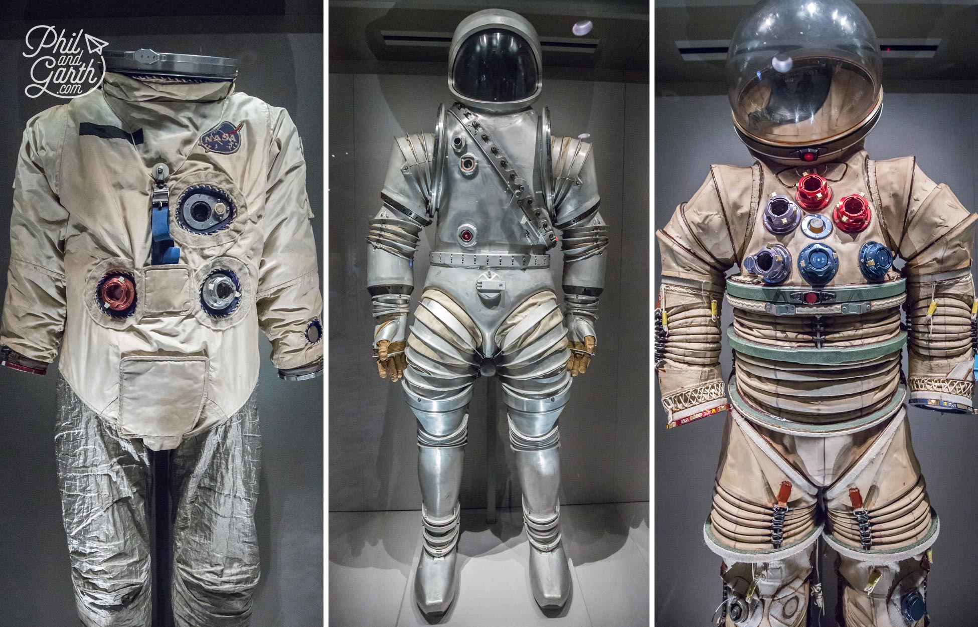 Actual spacesuits worn by astronauts on display in the Treasures Gallery