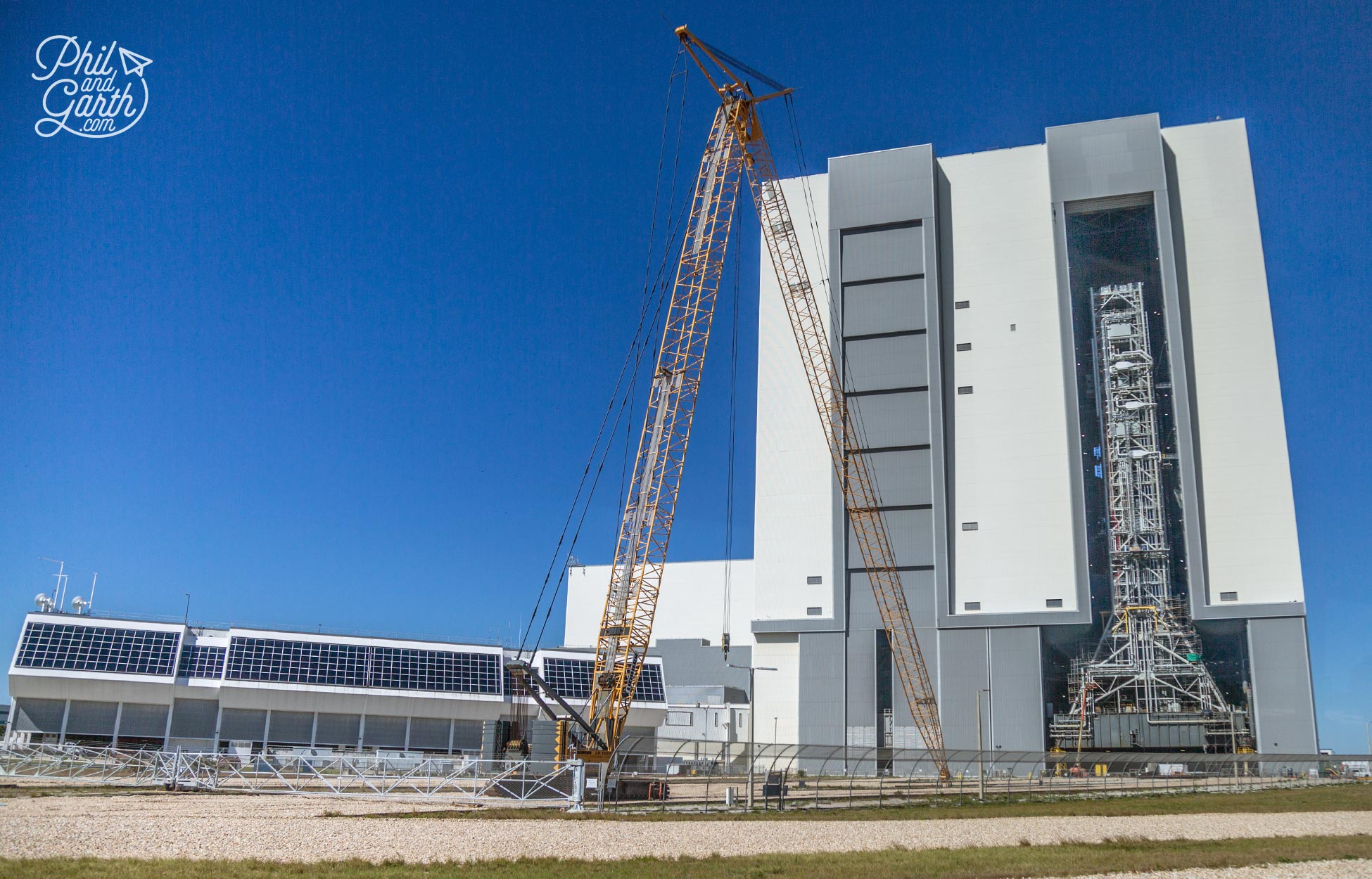 A glimpse inside the Vehicle Assembly Building. On the left are the windows of the Launch Control Center