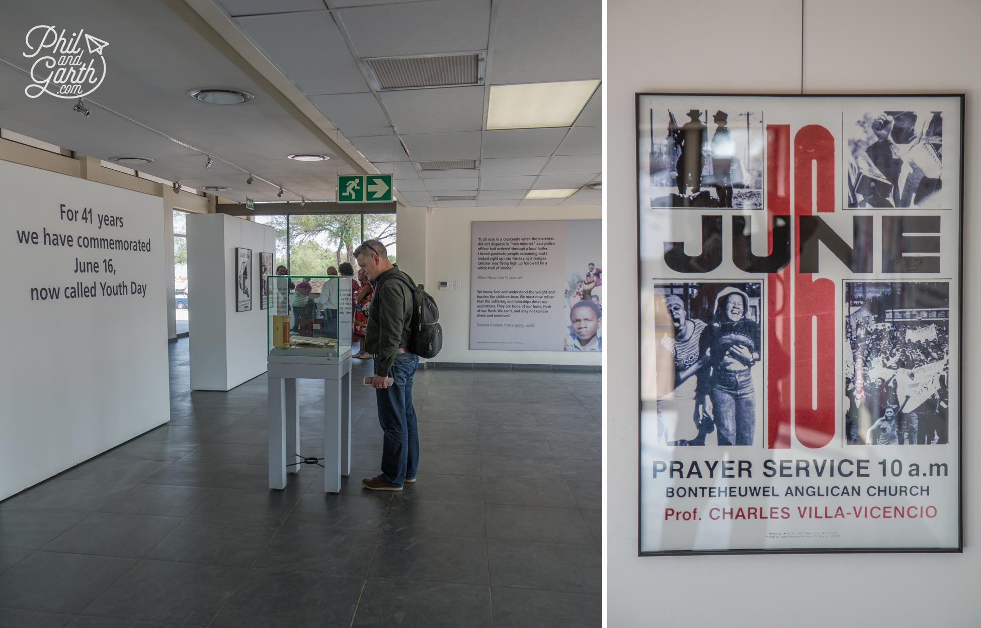 Phil reading about the events of June 16th in the display area