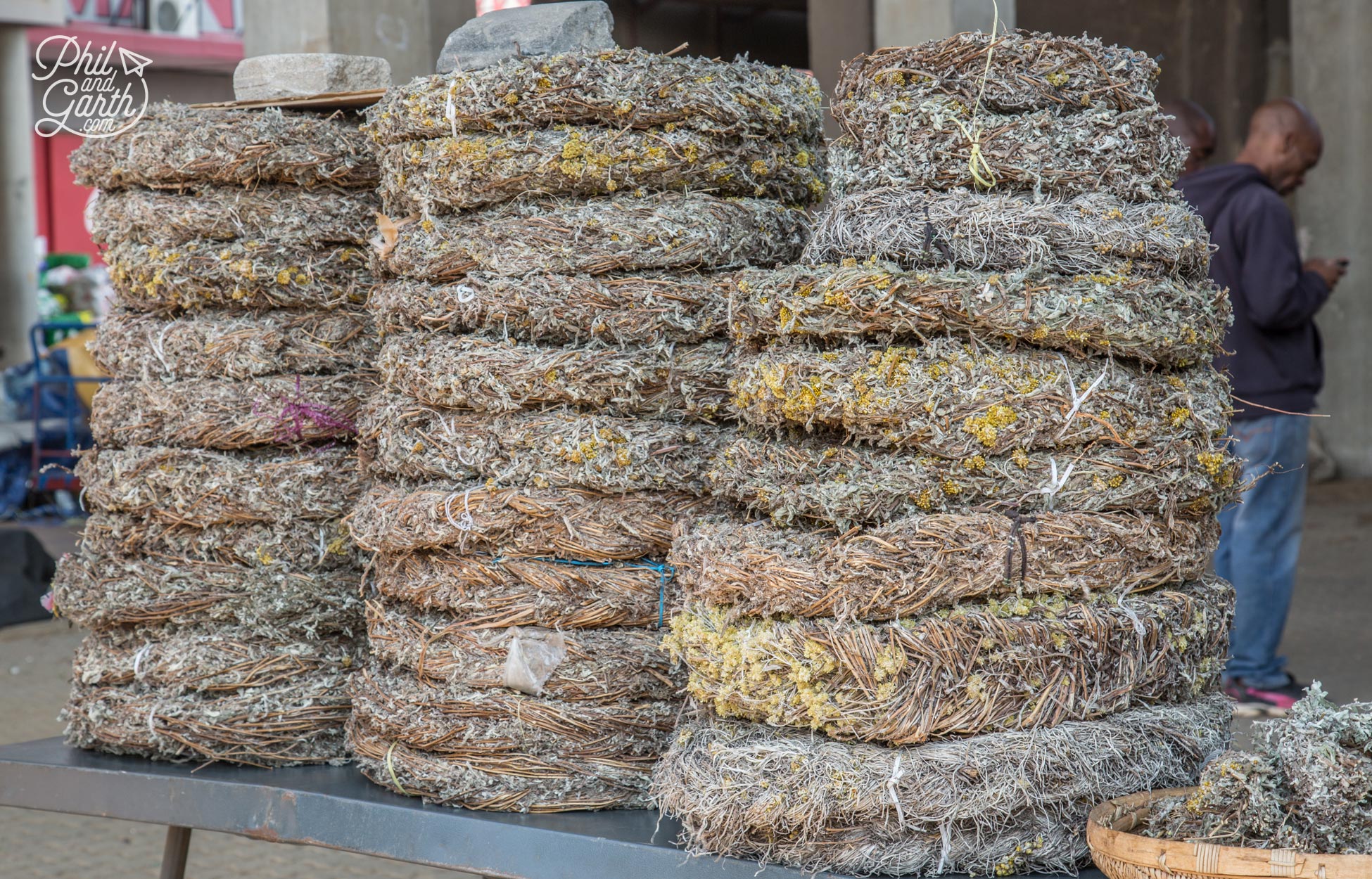 Wreaths made from wild sage and herbs for sale at the local market underneath the hotel