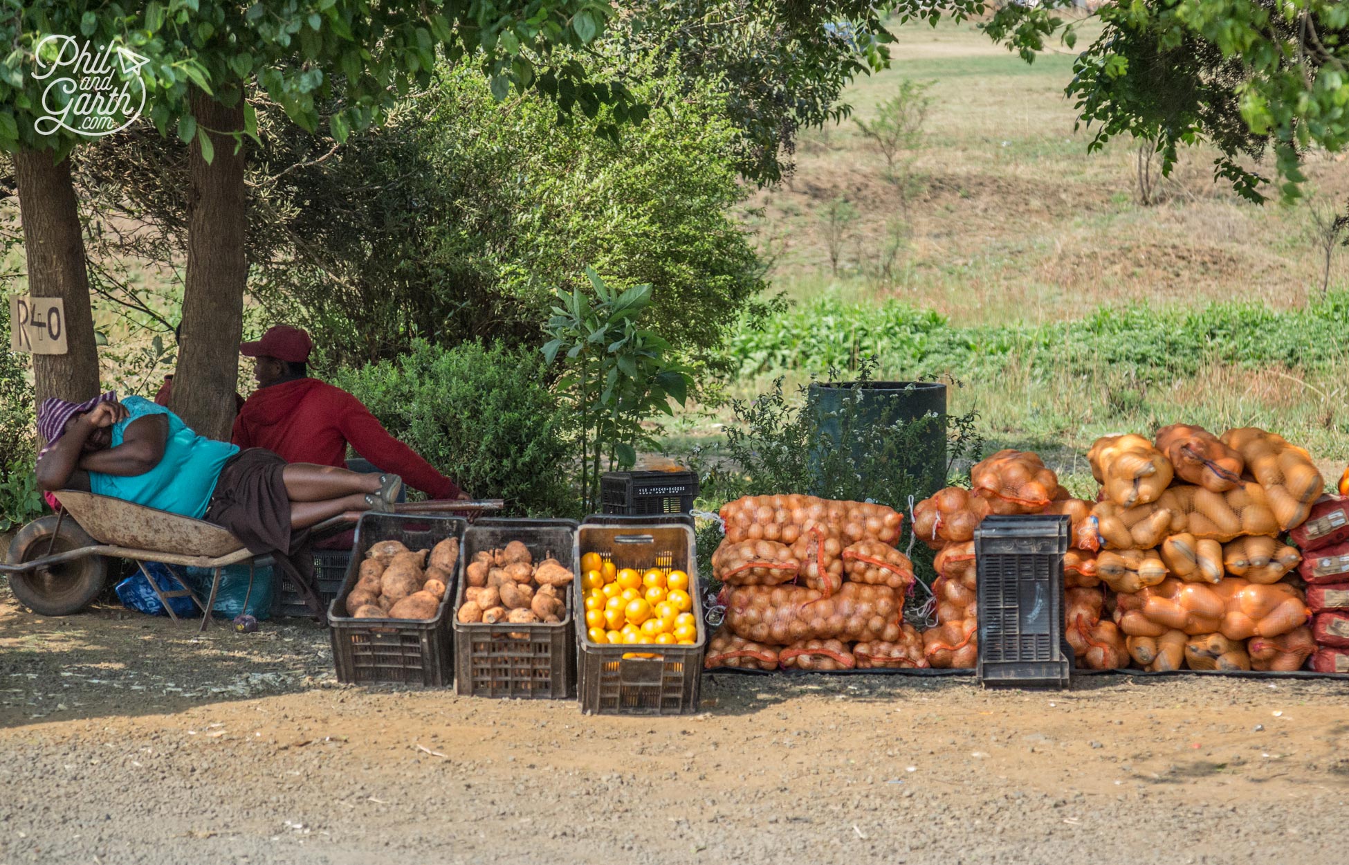 A lady takes time out from selling fruit, veg and macadamia nuts