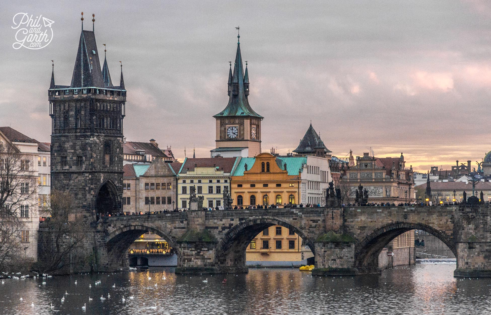 There are beautiful Gothic bridge towers at each end of Charles Bridge