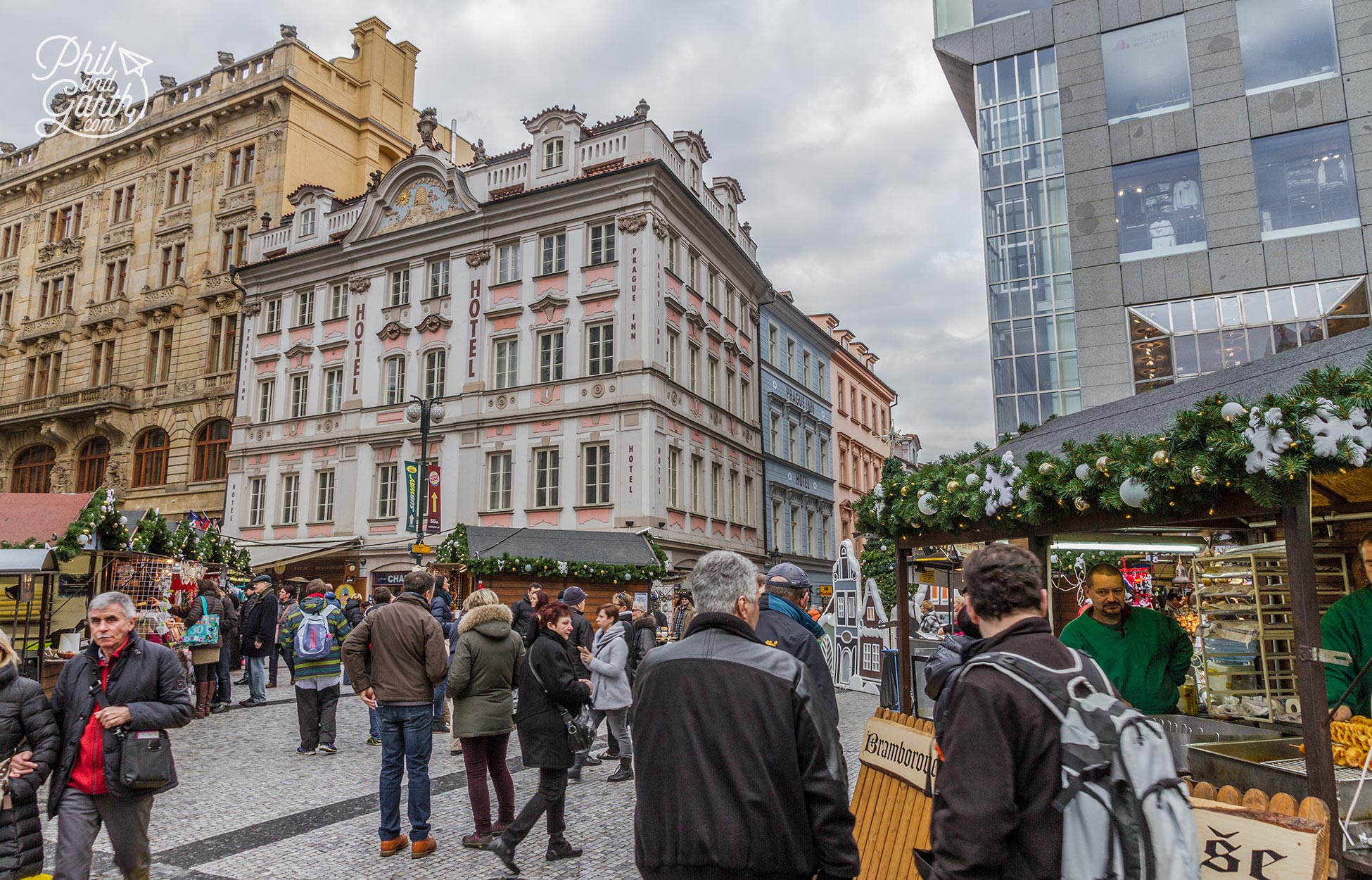 Wooden stalls selling Christmas gifts on Wenceslas Square