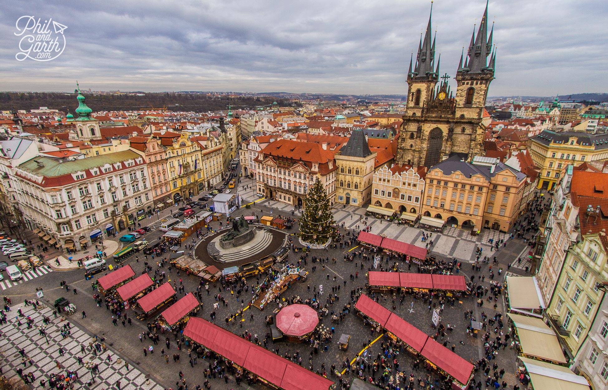 Looking down on the Prague Christma market in the Old Town Square