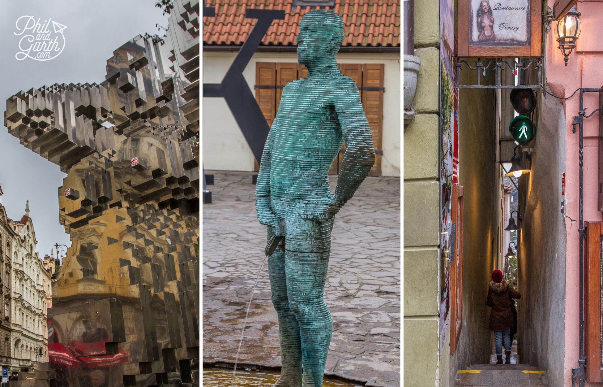 Some of Prague's public art and the city's narrowest street