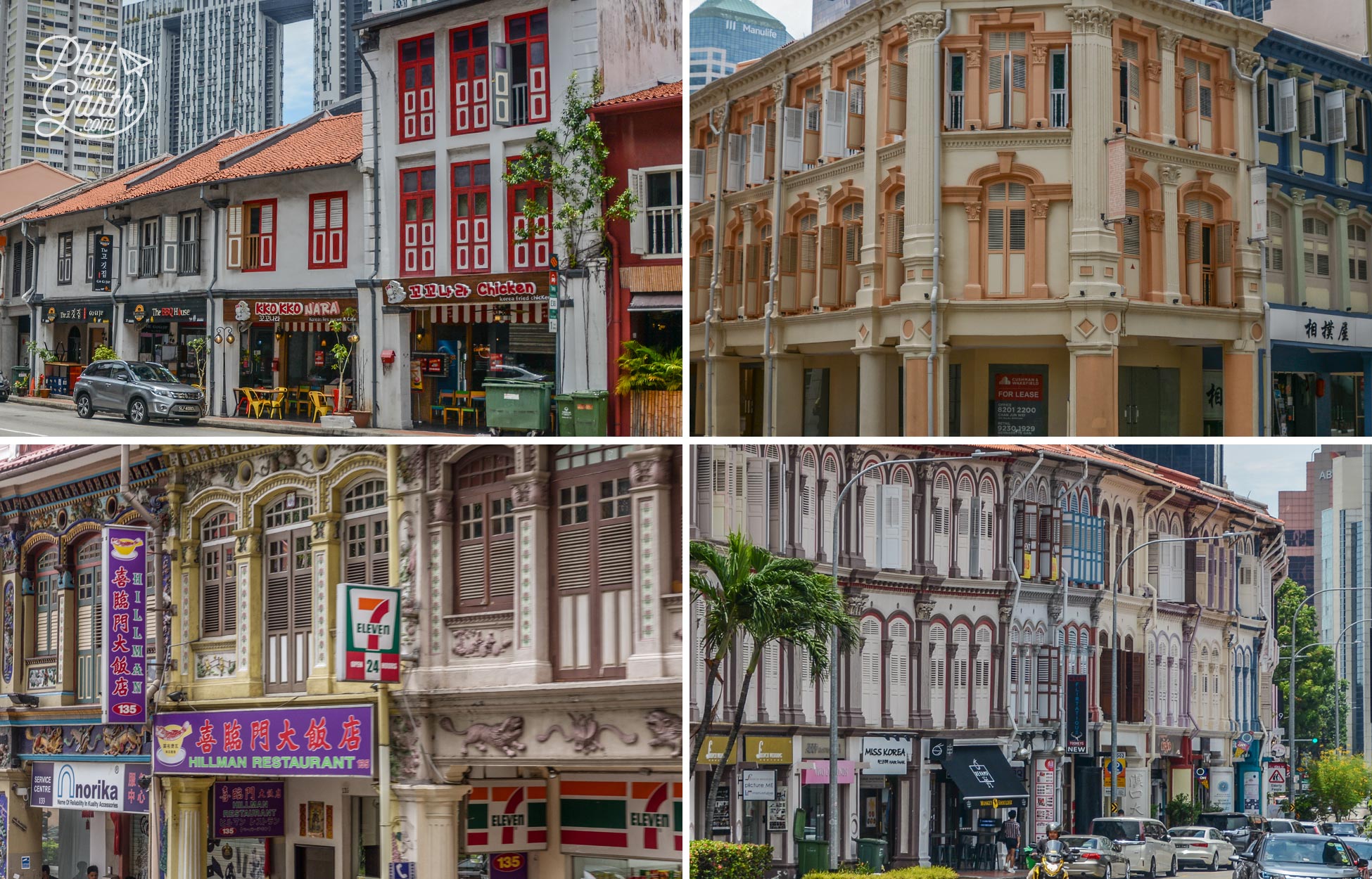 Various architectural styles of shophouses in Singapore