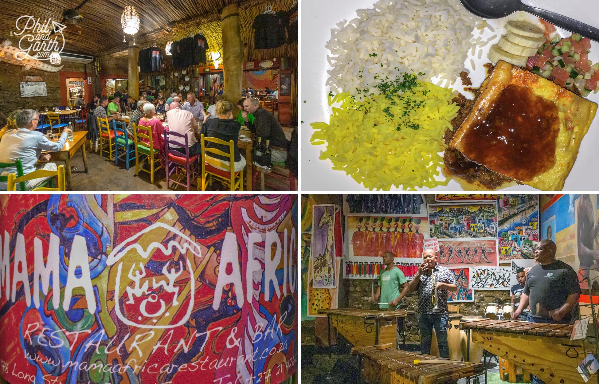 Live African music and traditional African food like Bobotie (top right) at Mama Africa