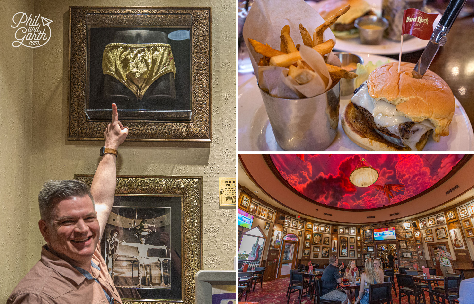 Burger and chips and the original gold pants from The Rocky Horror Picture Show at Hard Rock Cafe Orlando
