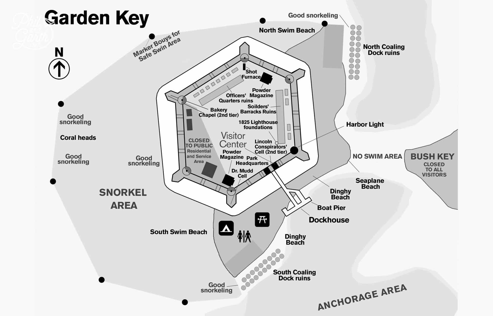 Map showing the best areas for snorkelling outside Fort Jefferson on Garden Key