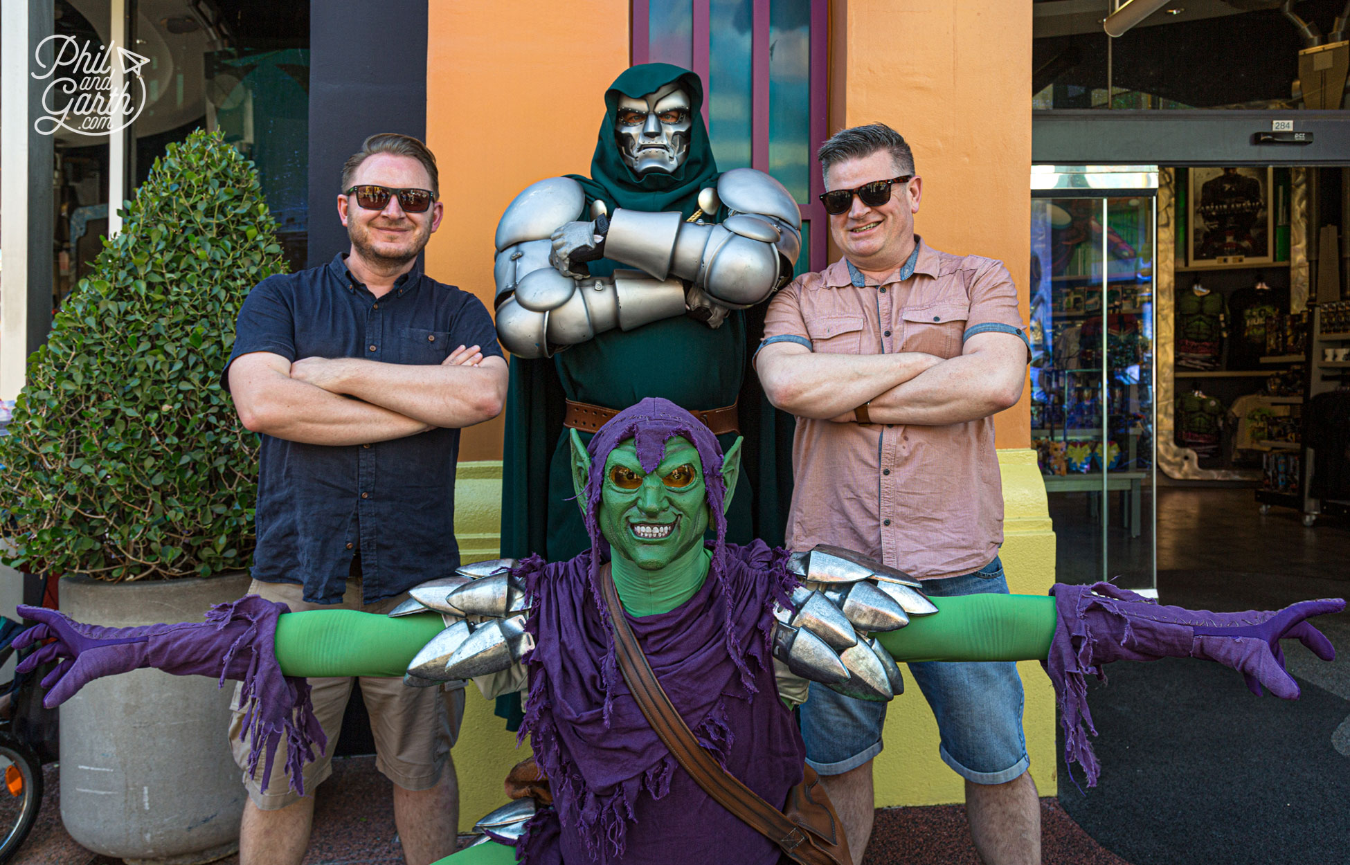 Garth and Phil with Doctor Doom and the Green Goblin on Marvel Super Hero Island
