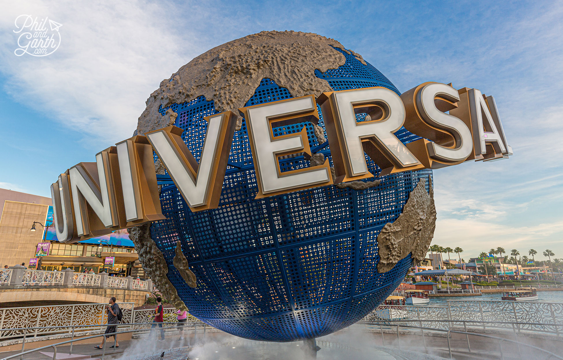 The iconic Universal logo outside the parks next to Universal CityWalk