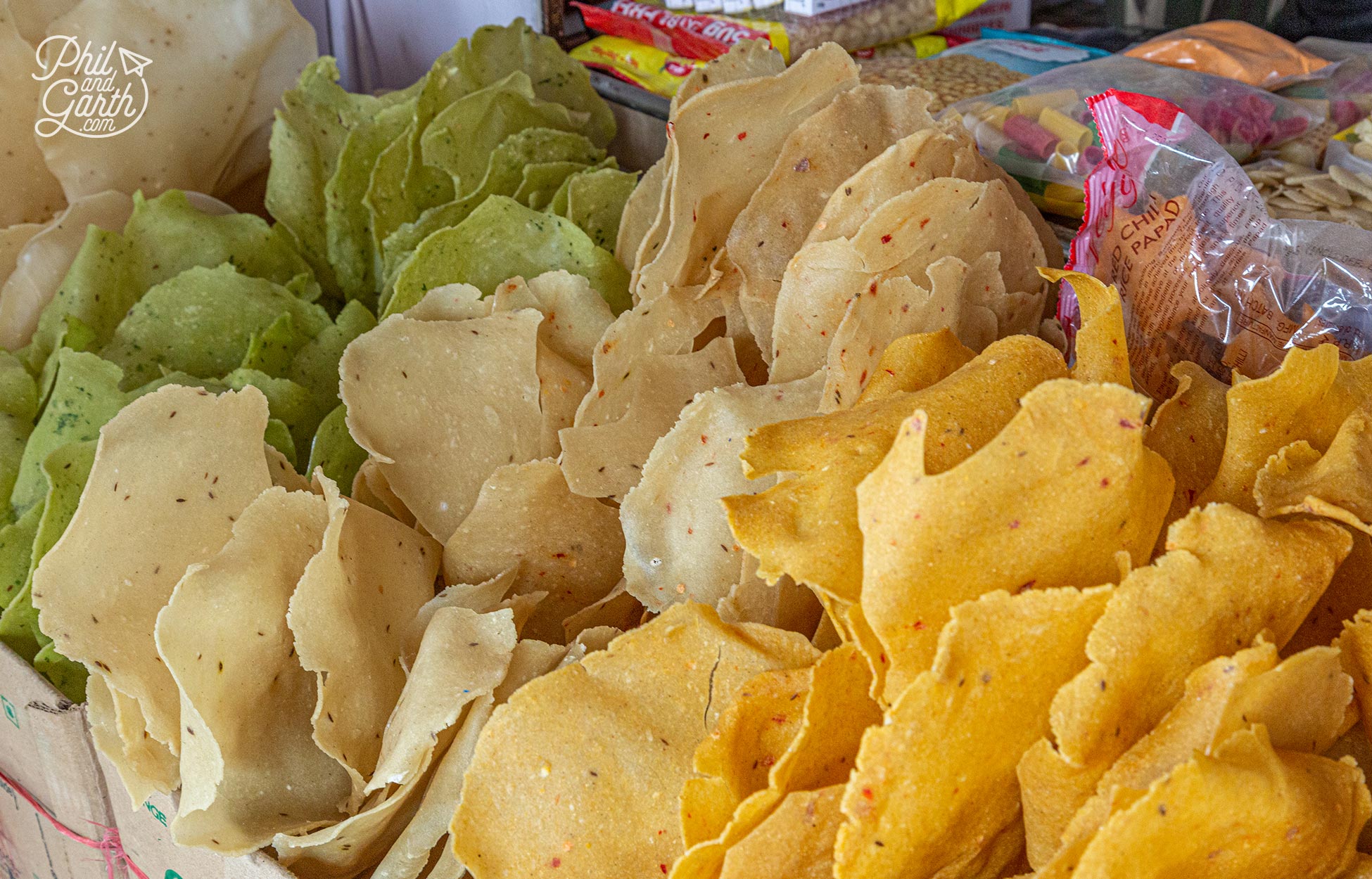 Colourful poppadoms for sale