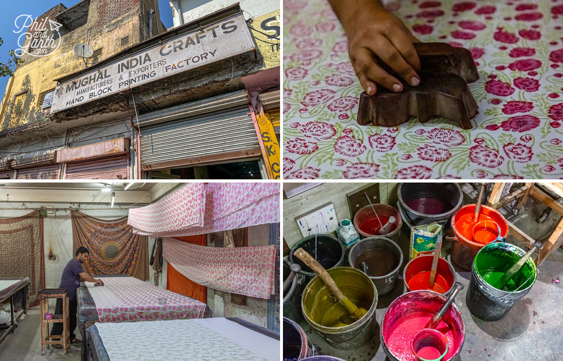 Learning about hand block printing at the Mughal India Crafts factory