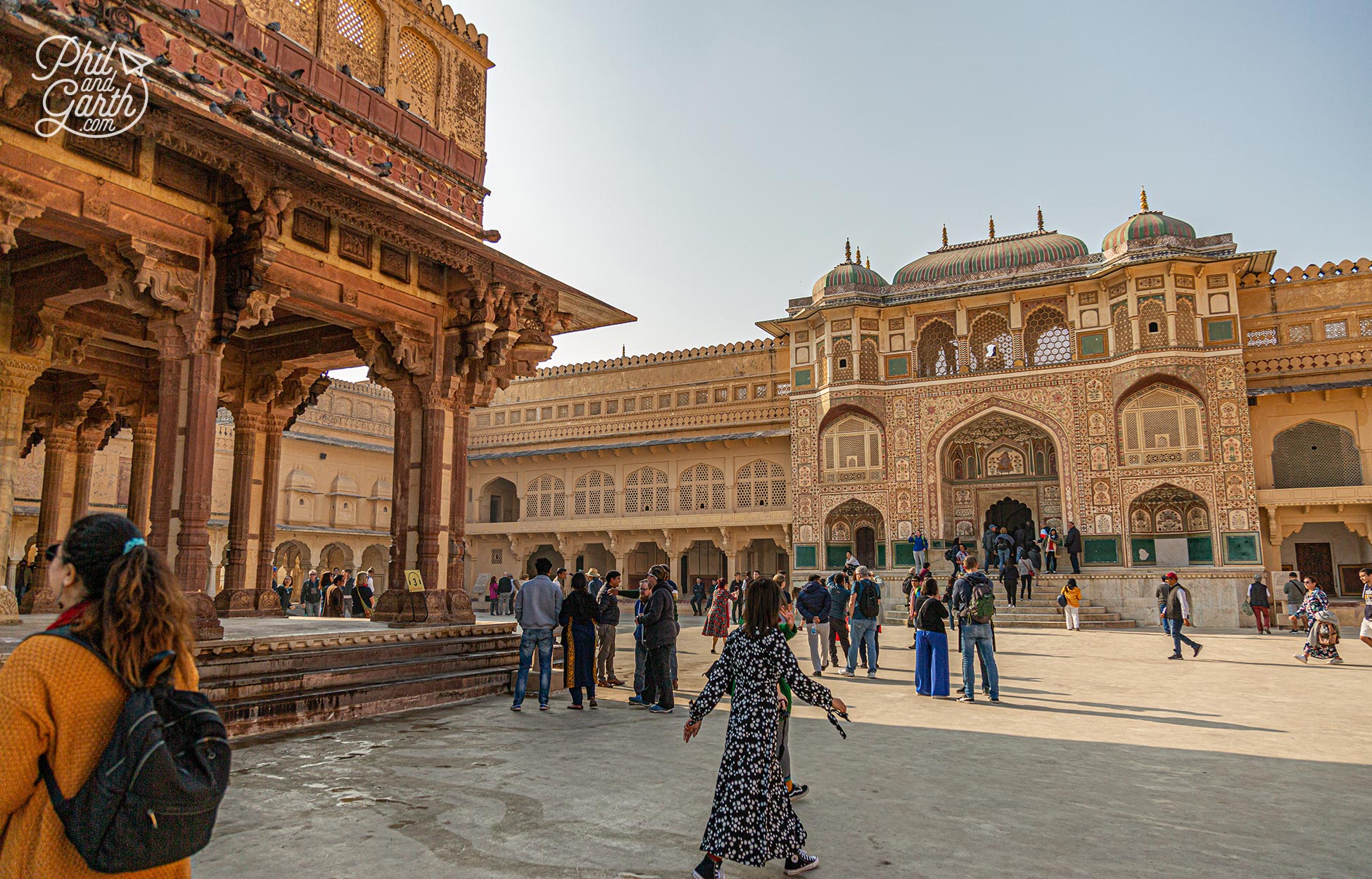 View of Amber Fort's 2nd courtyard. Impressive Ganesh Pol entrance and Diwan-e-Aam to the left