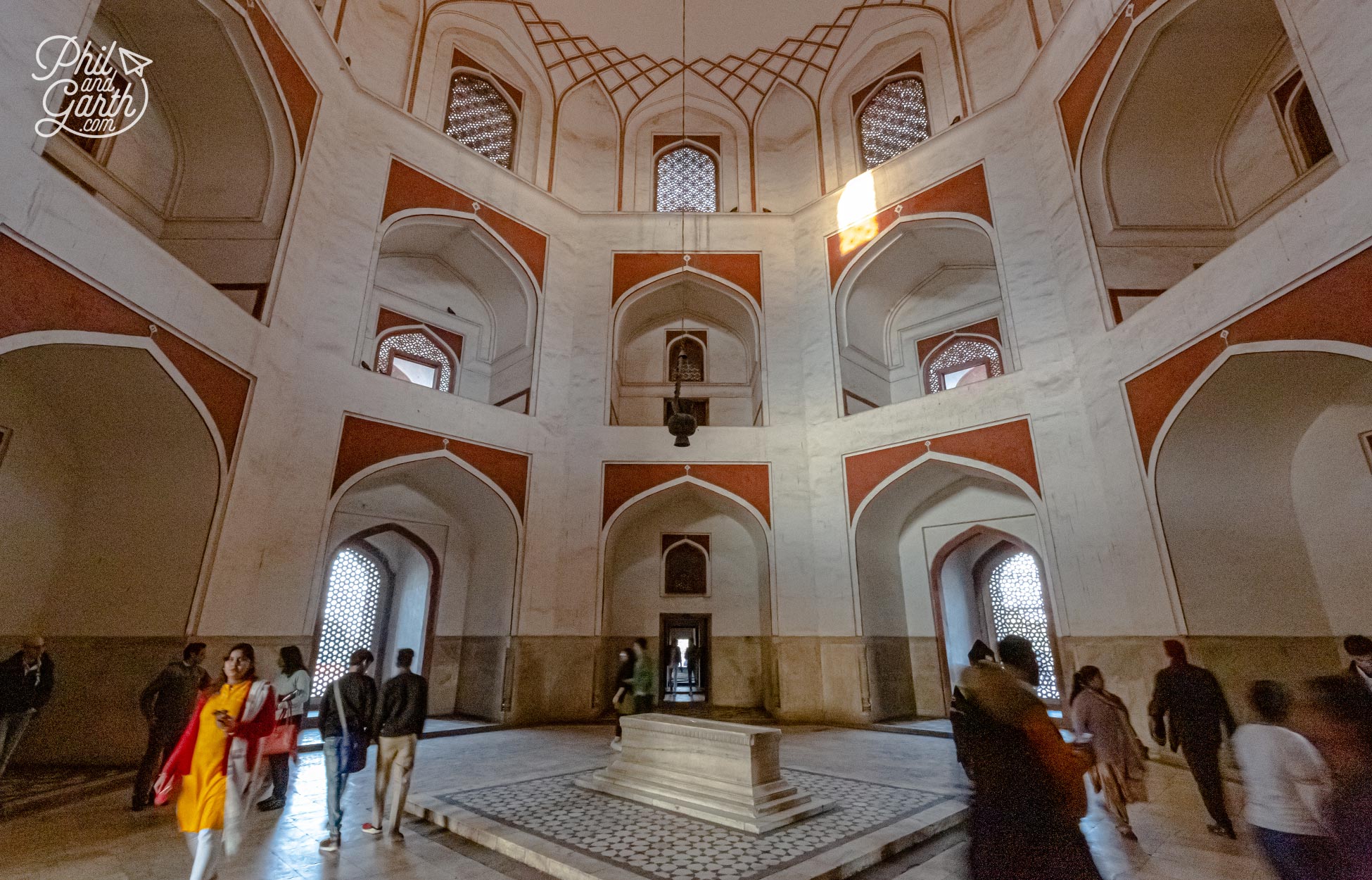 The inside hall of Humayun's Tomb. The tomb's head faces west to the holy Mecca