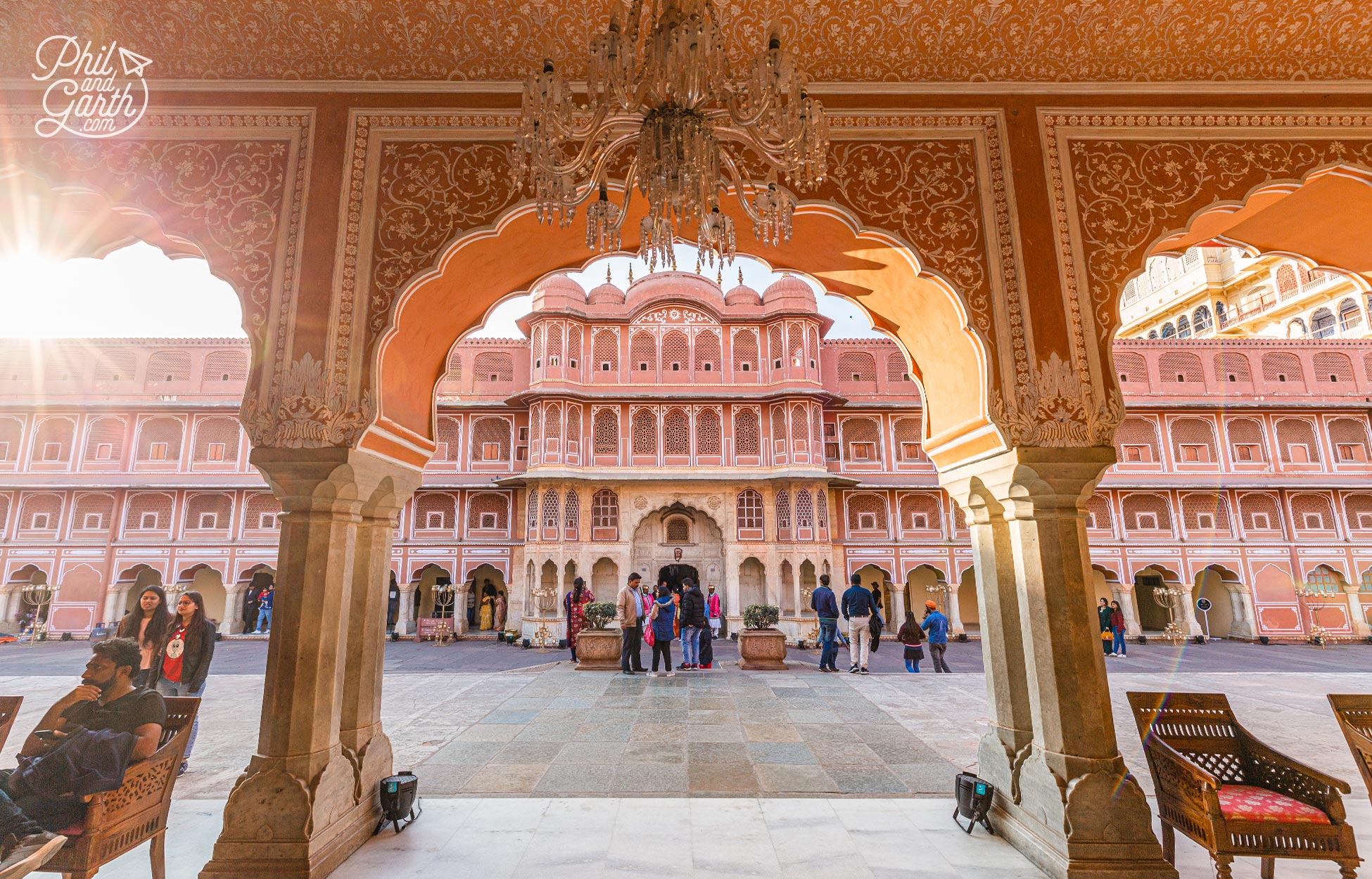 View from inside the Diwan-E-Khas - an audience hall with artworks and glass chandeliers