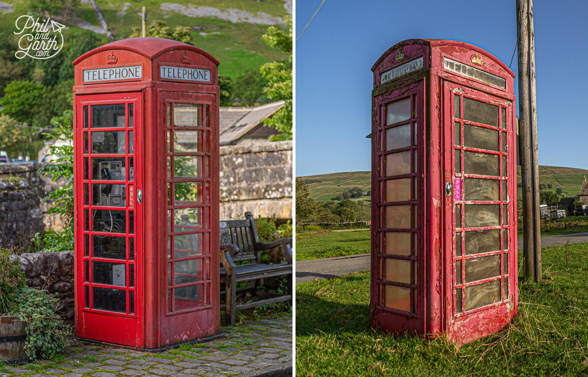 A red telephone box in Kettlewell and another weathered box in Wensleydale