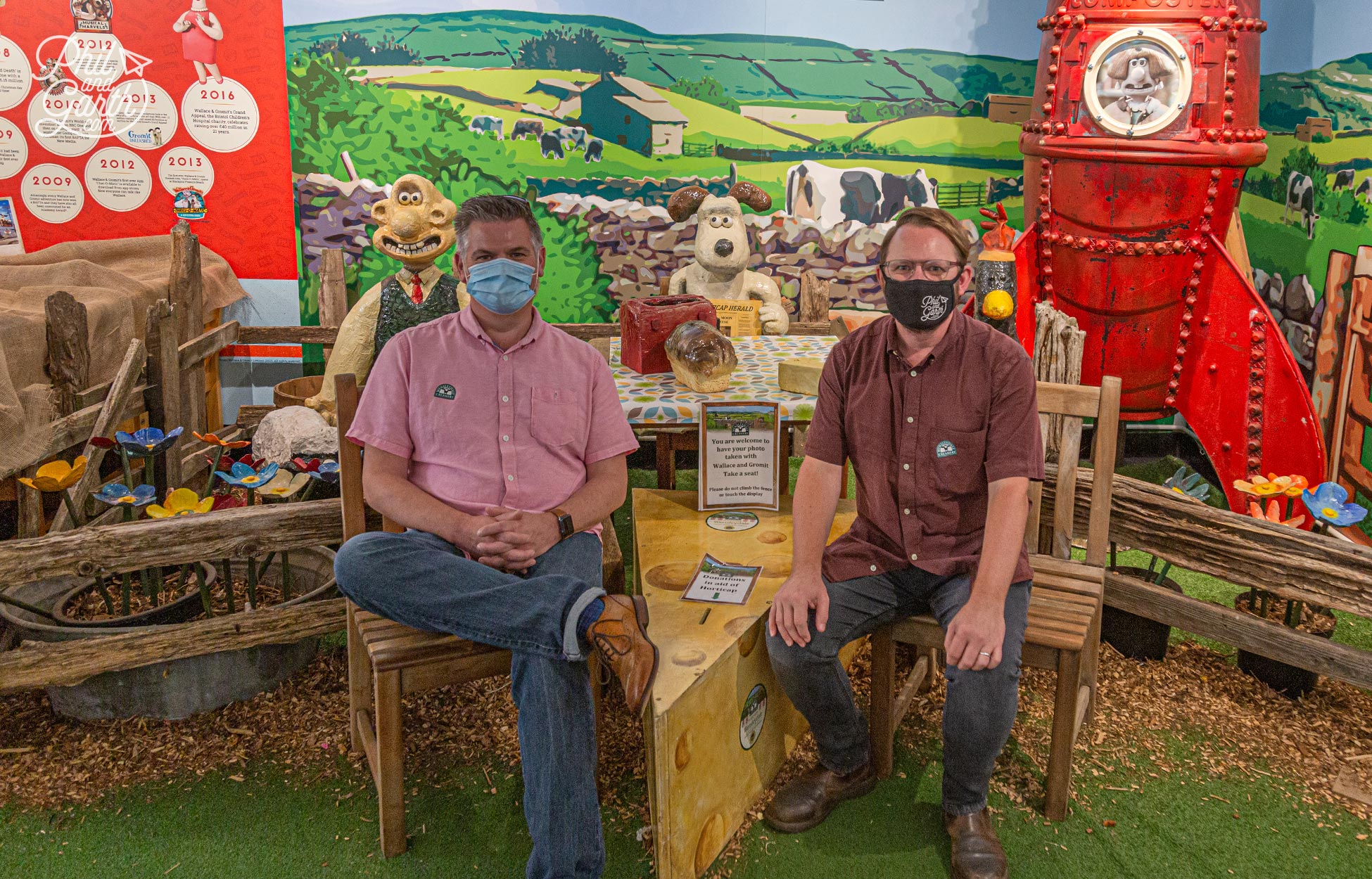 We are smiling under the masks! The must have photo with Wallace and Gromit at the Wensleydale Creamery