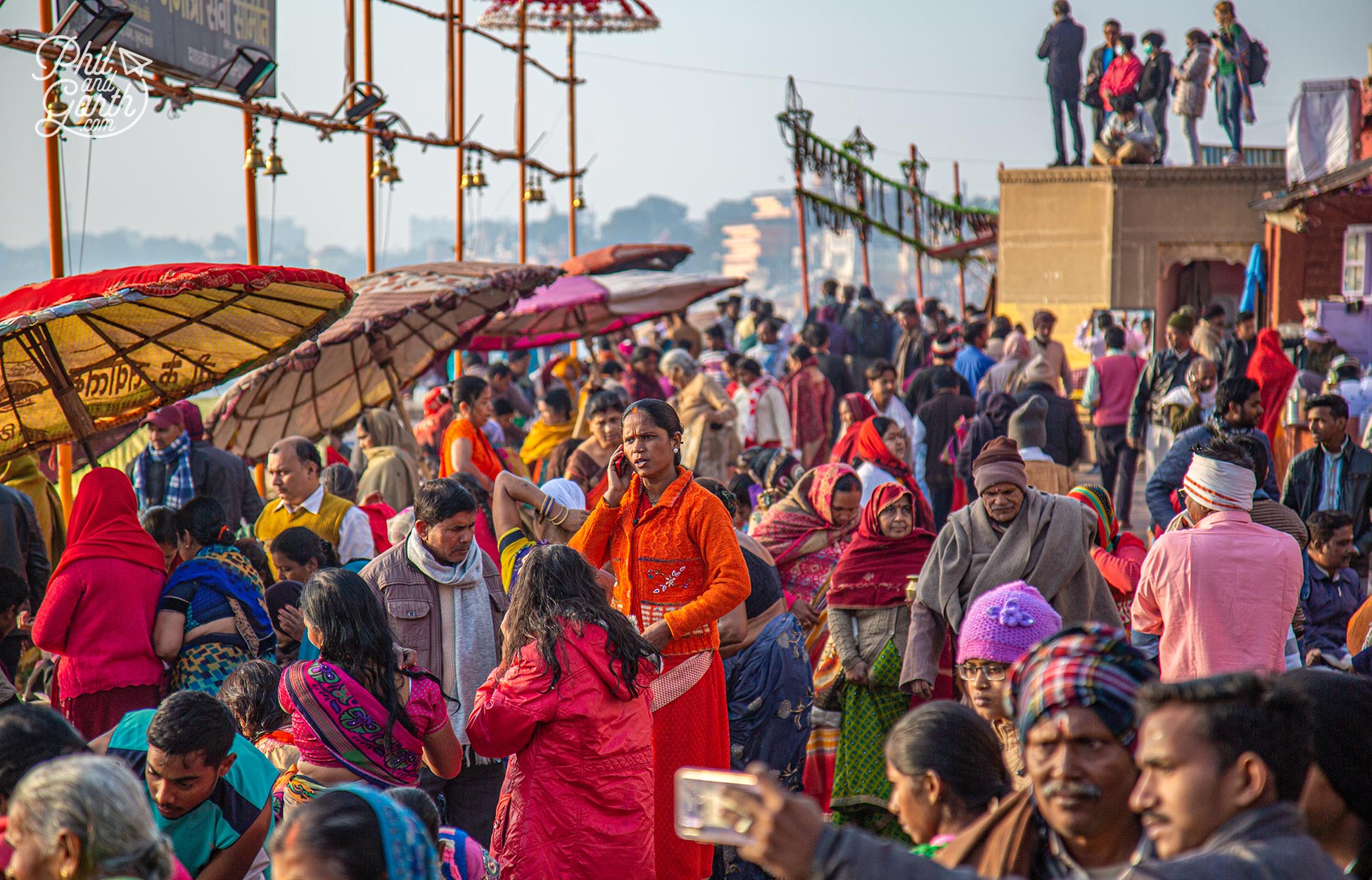 Crowds of people gathering at Dashashwamedh Ghat