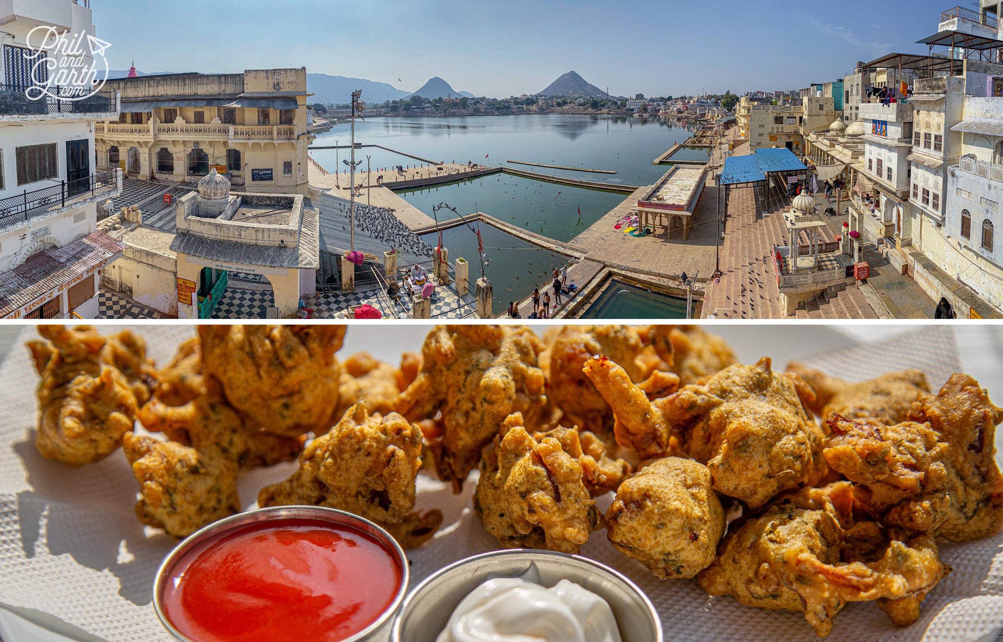 Our delicious vegetable pakoras and the fab views from the Pushkar Cafe Roof Top