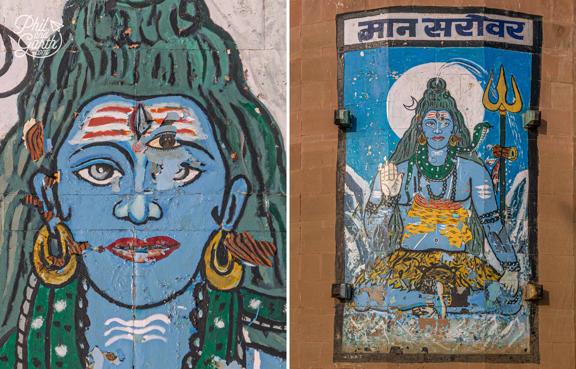 A large artwork on a wall depicting the Hindu god, Shiva