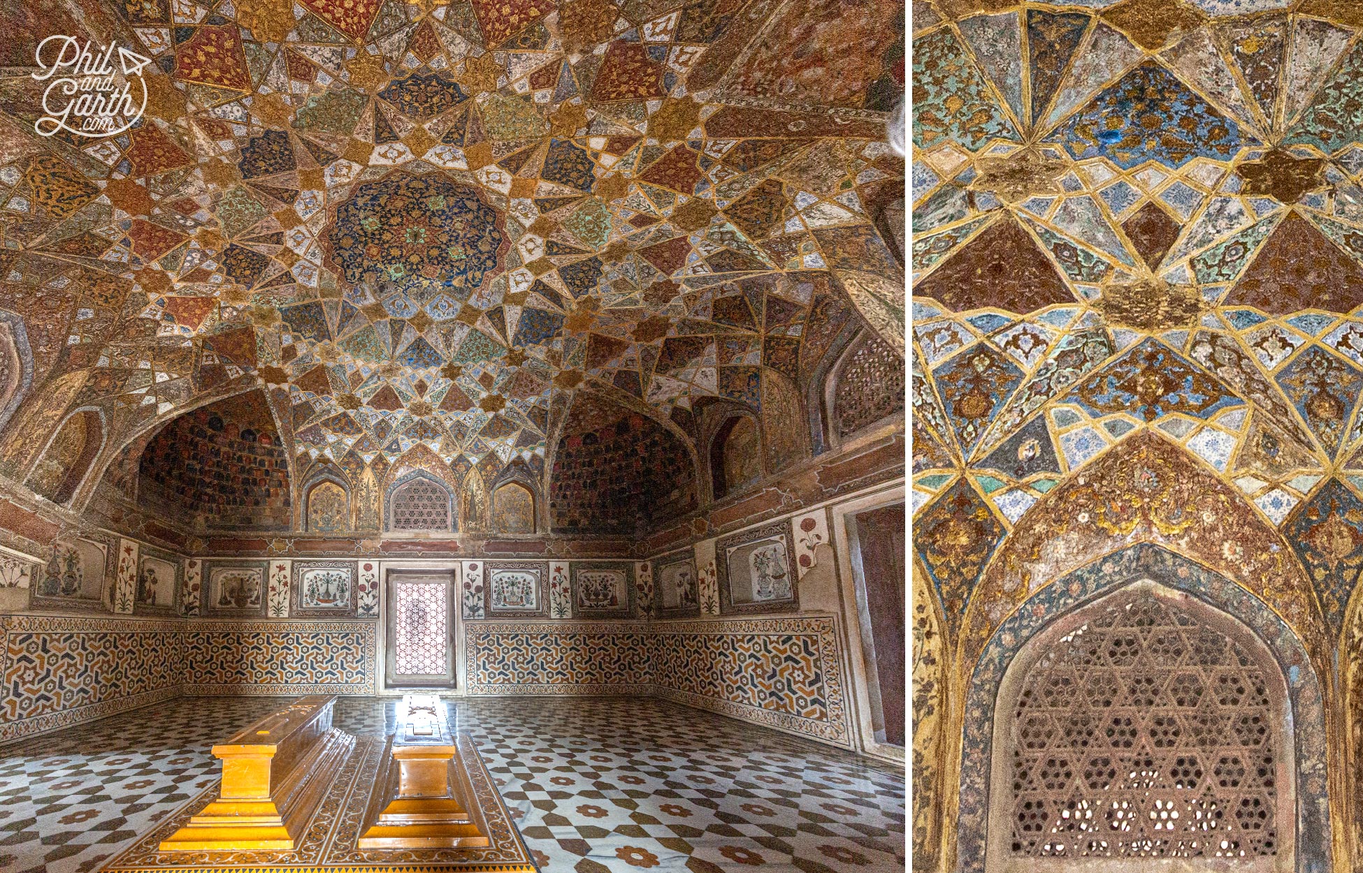 The extravagant stone inlay work inside the tomb chamber