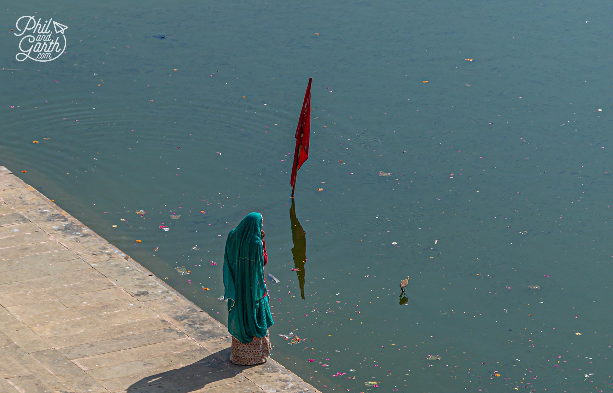 The lake is full of rose petals from the puja ceremonies that take place by the water