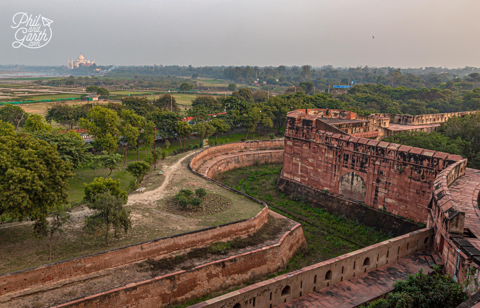 This is the view across to the Taj Mahal from Agra Fort