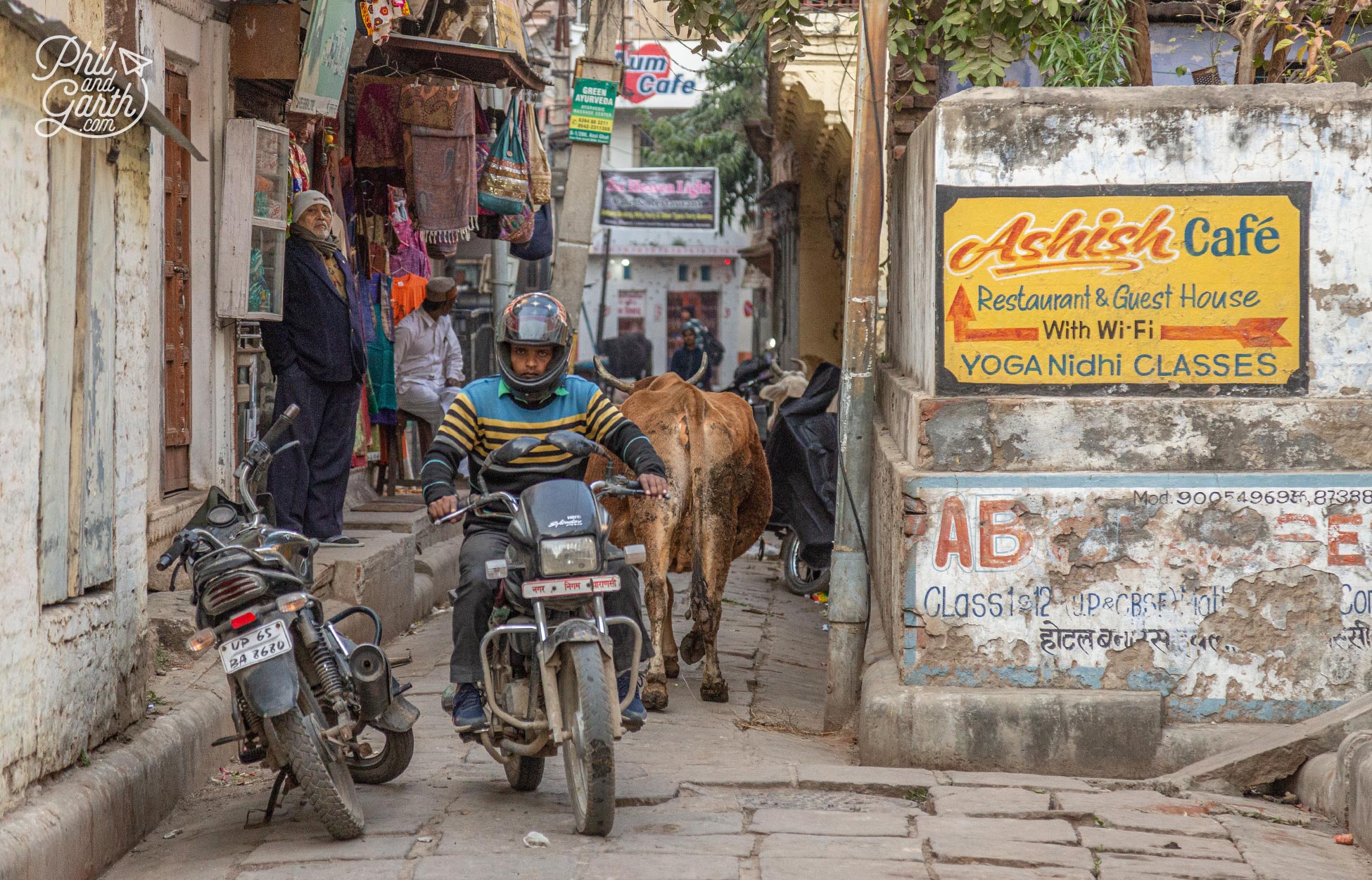 People, motorbikes and holy cows share some of these tiny streets