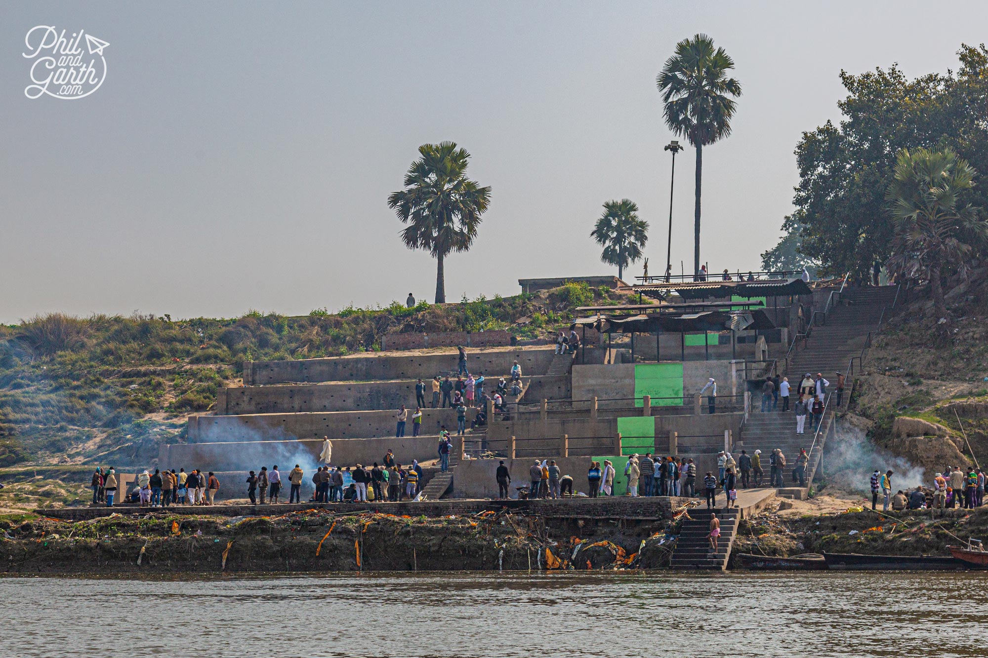 A 'burning' ghat on the River Ganges as we approach Varanasi