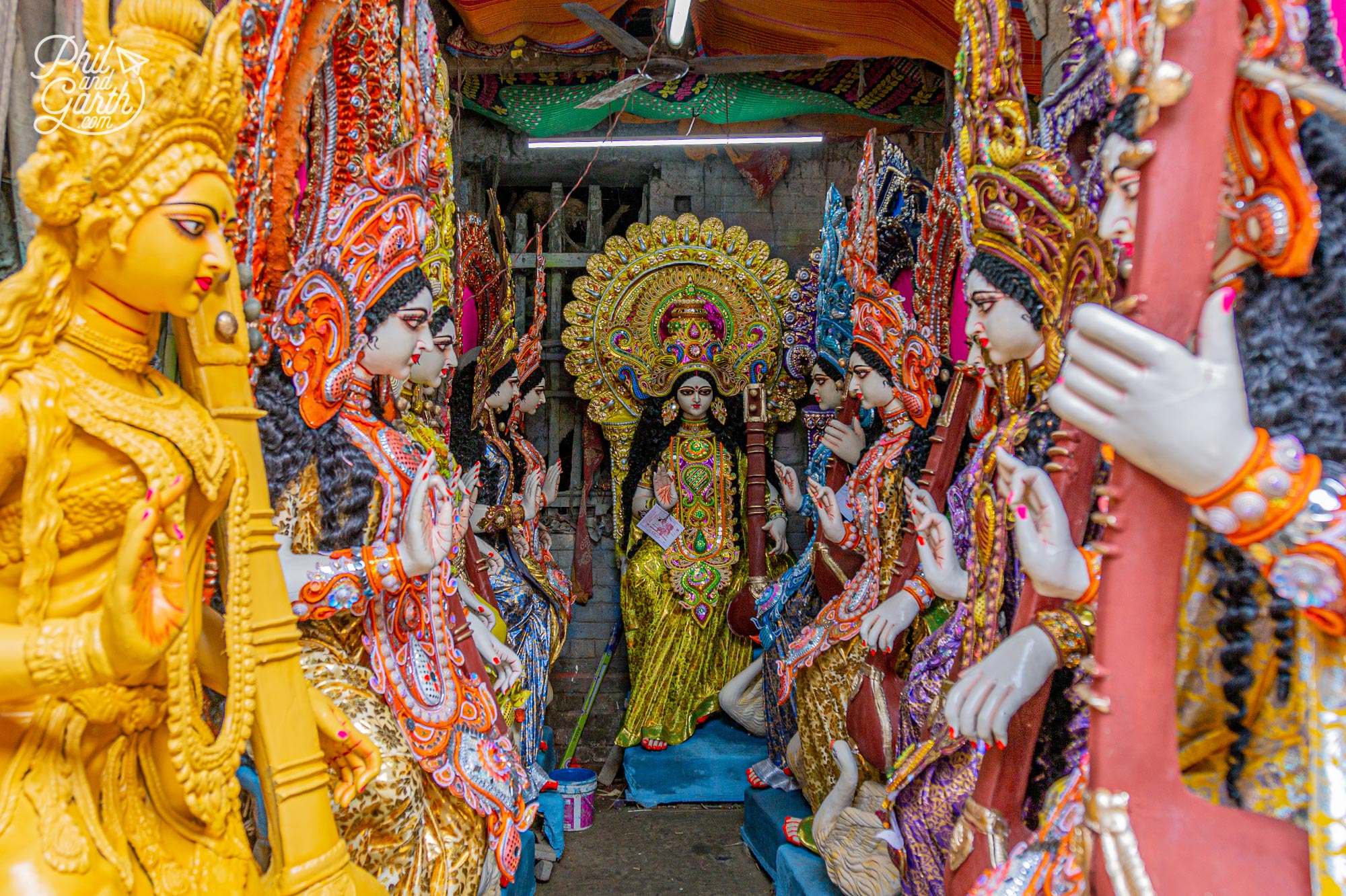 An artists studio in Kumartuli selling large statues of Goddess Saraswati. A 5-foot statue will cost £35