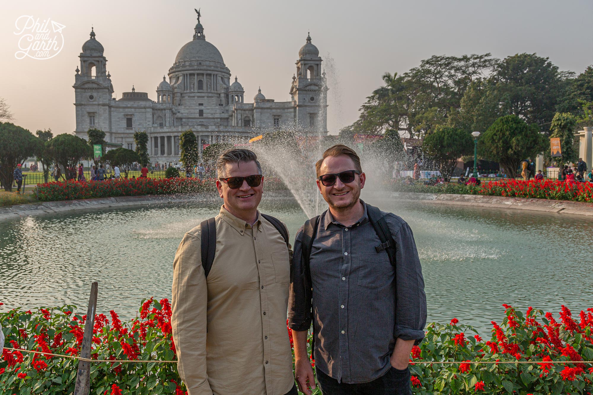 Phil and Garth stood next to a fountain by the Victoria Memorial Hall Kolkata