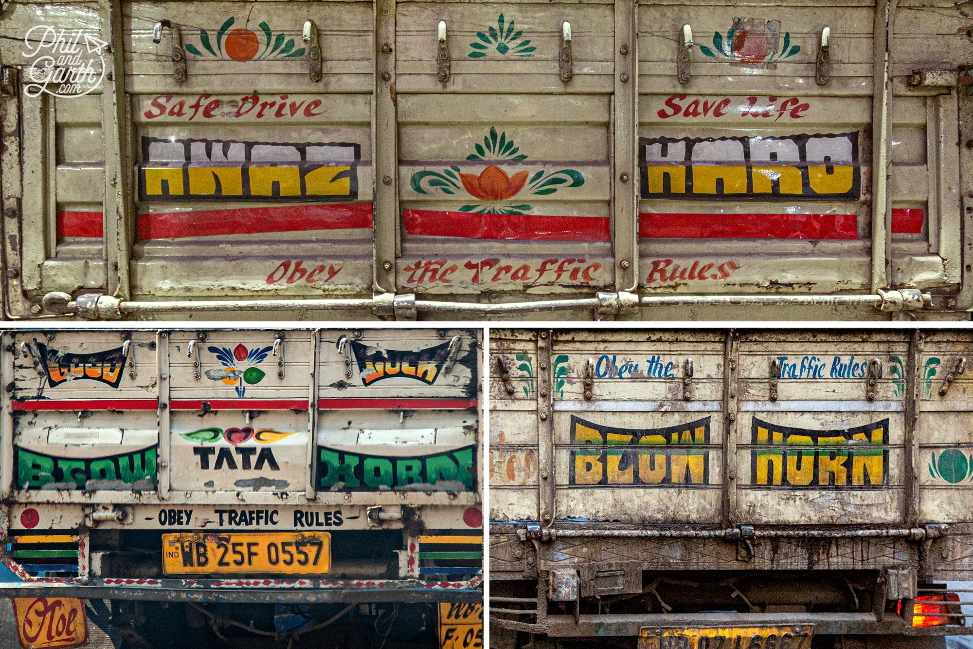 The backs of Indian lorries decorated with Blow Horn hand painted signs