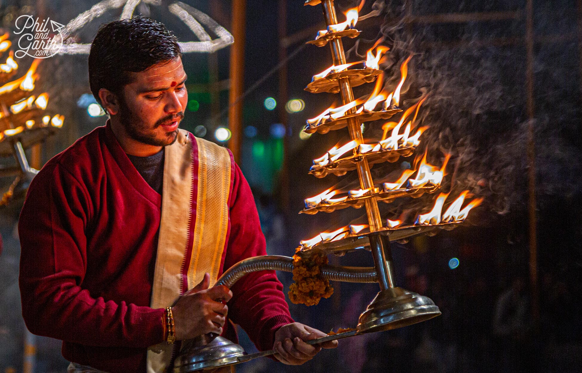 The prayers ceremony uses the light from deepas - big brass oil lamps