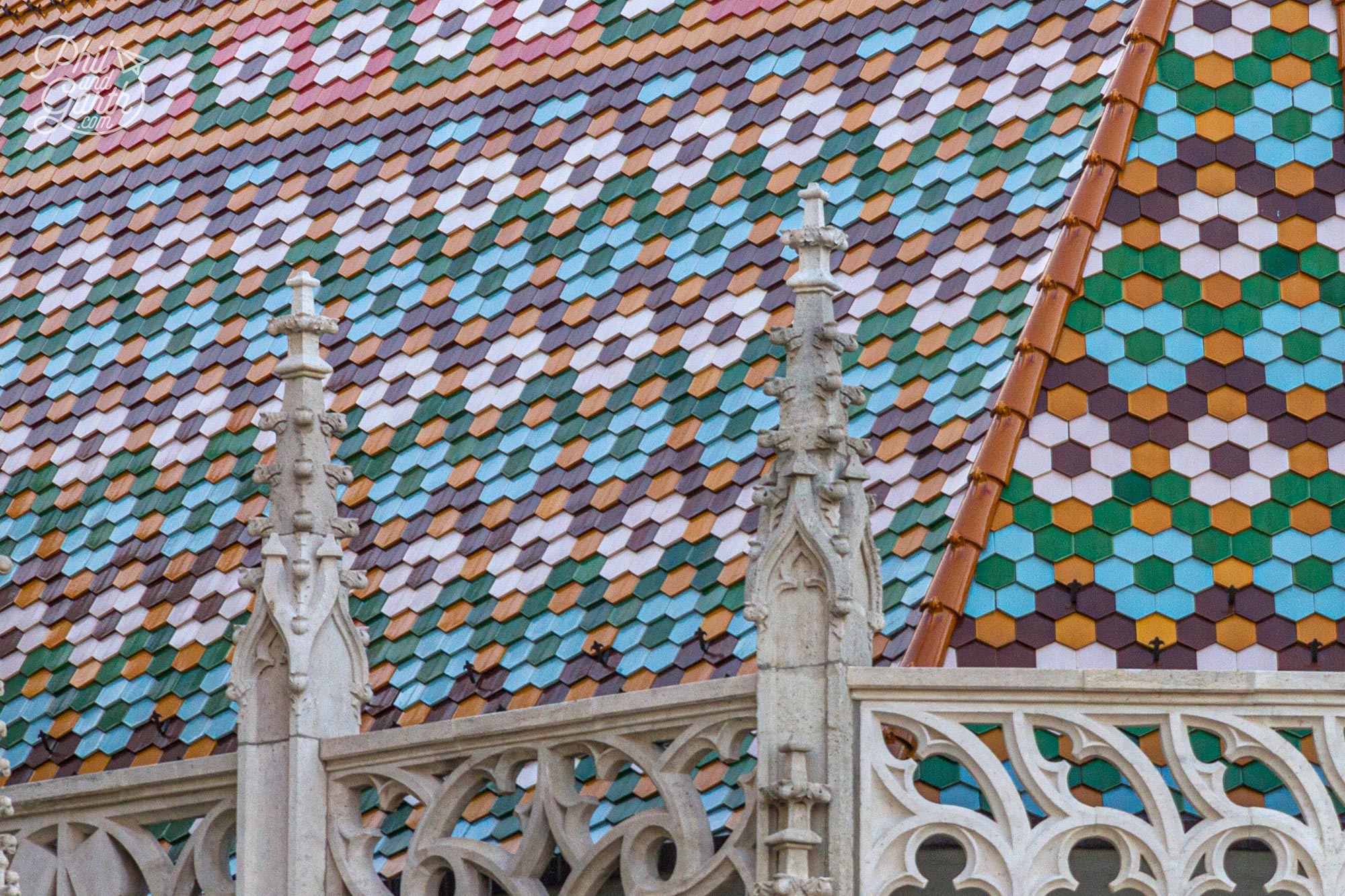 More of the roof tile art on the Traditional hungarian Roof tiles on the Matthias Church in Budapest Hungary