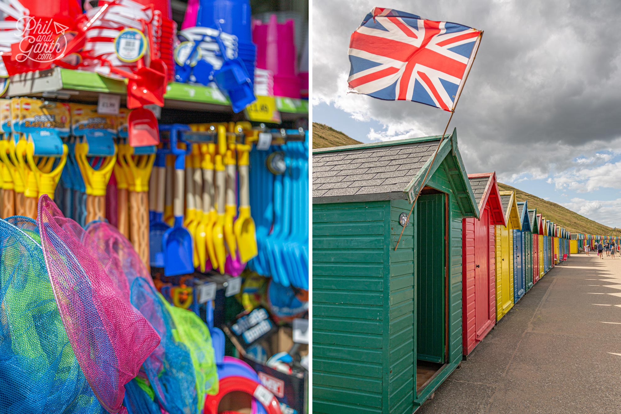 Icons of the British seaside - beach huts, bucket and spades in Whitby