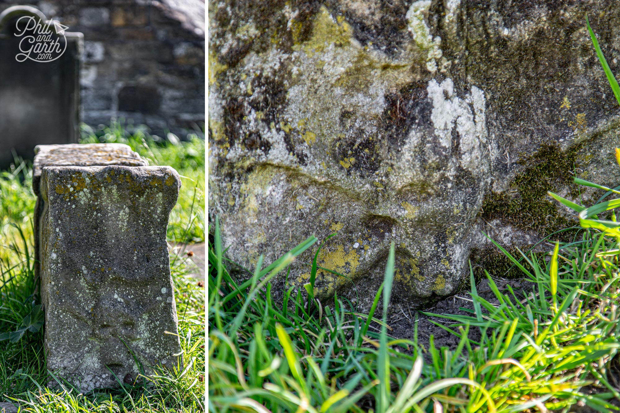 The skull and crossbones tombstones are next to the entrance gate