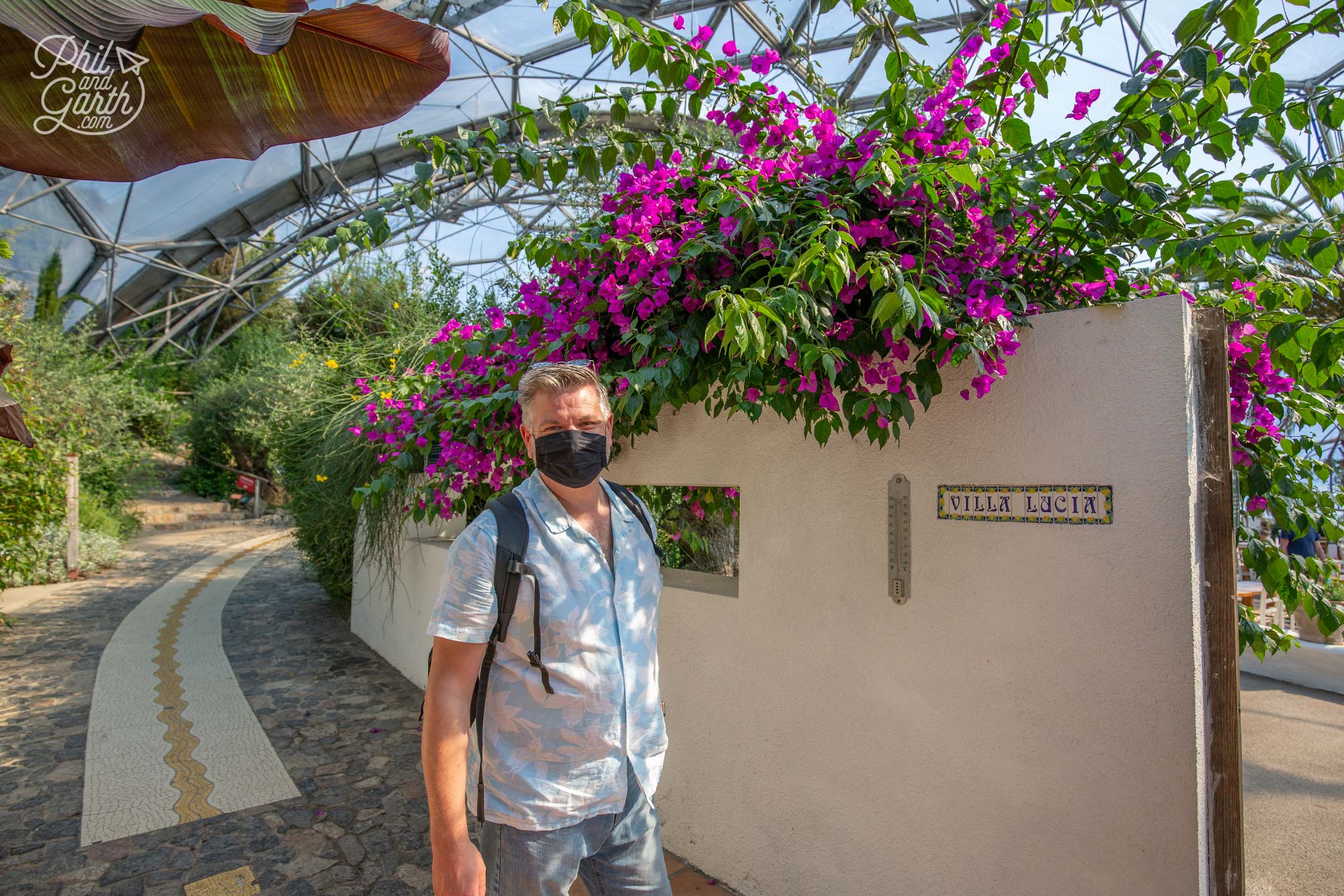 Phil next to the pink bougainvillea at the start of the Mediterranean garden