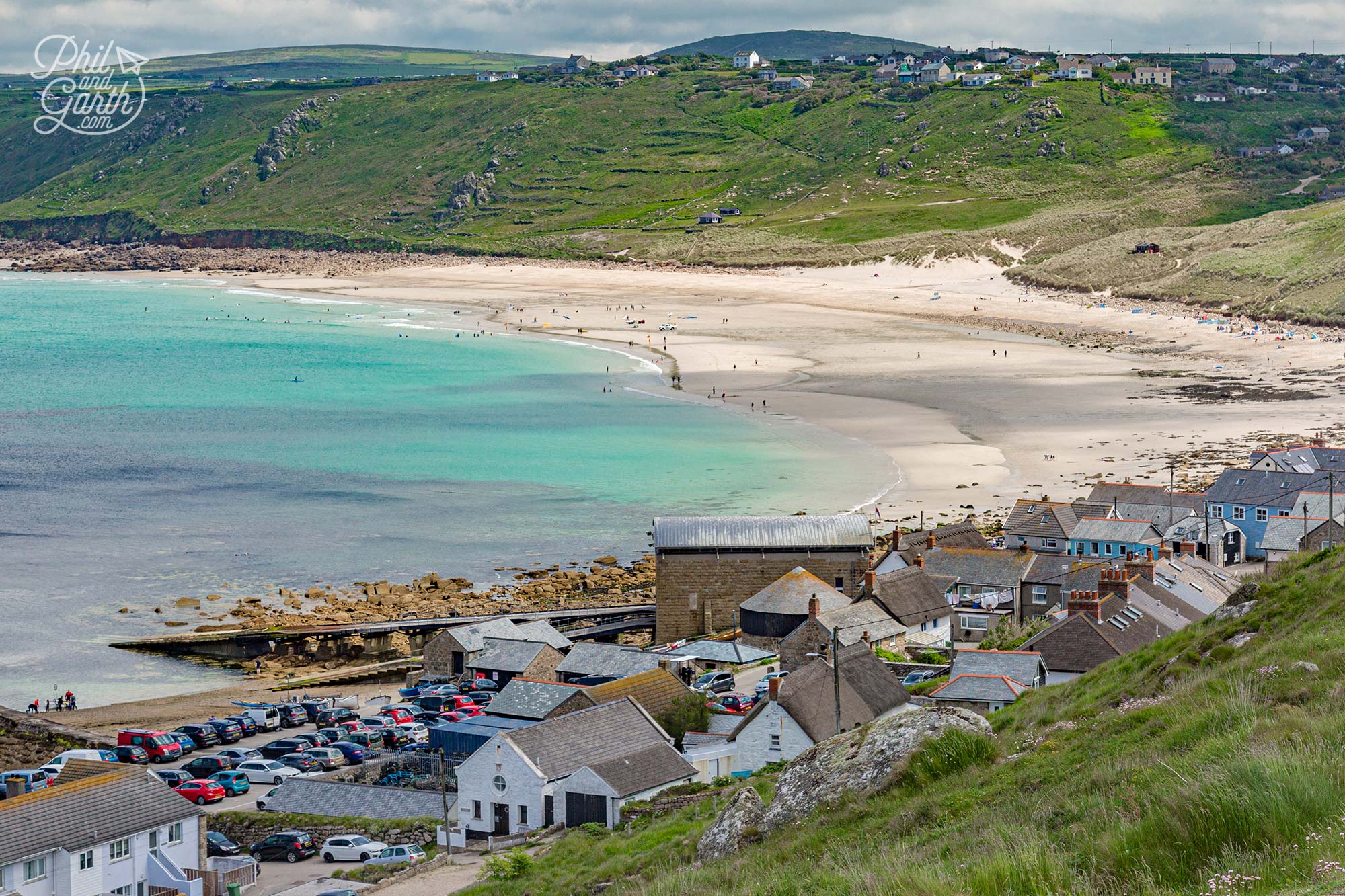 The turquoise waters of Sennen and popular with surfers