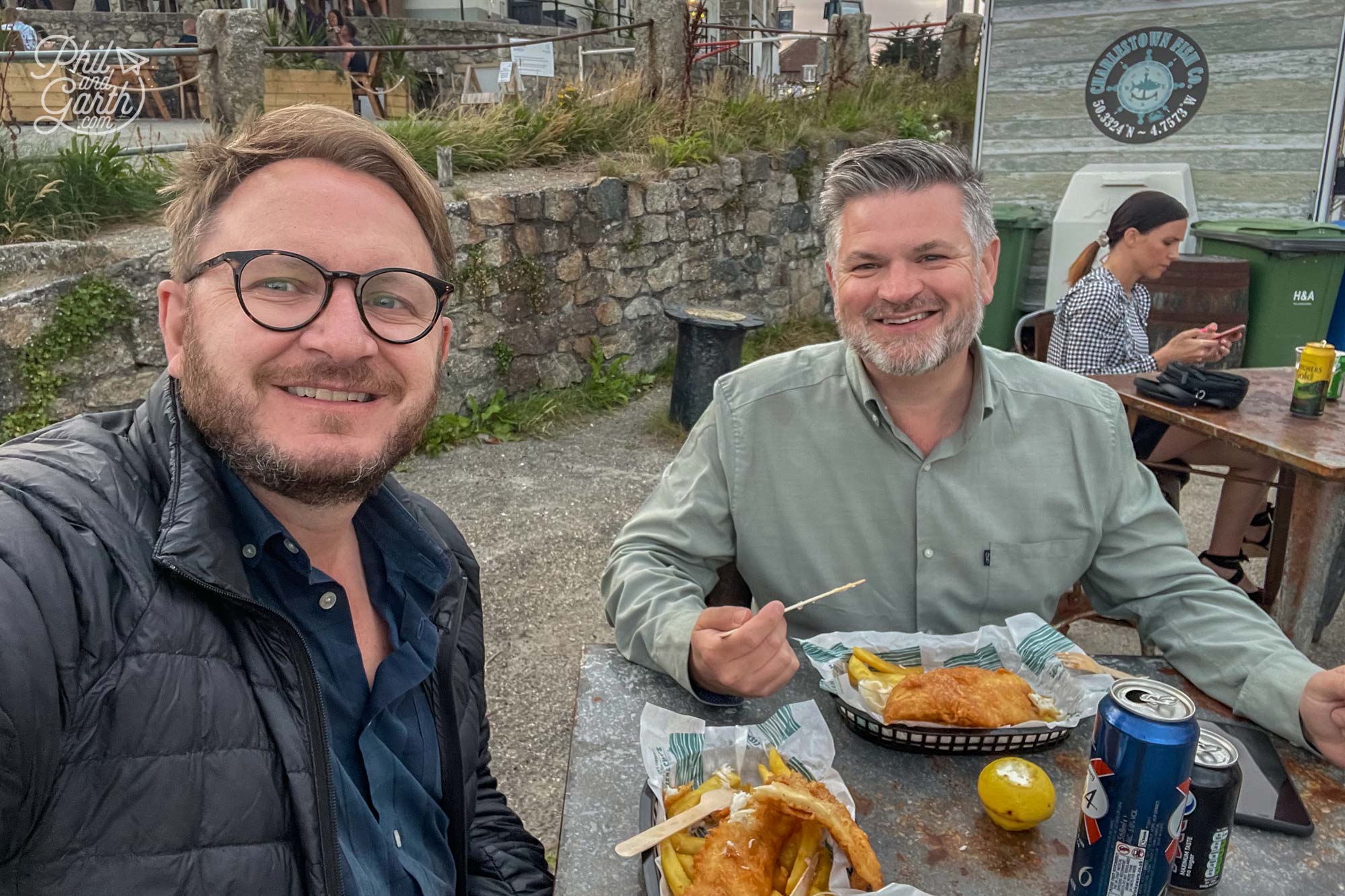 Enjoying a chippy dinner in Charlestown, South Cornwall