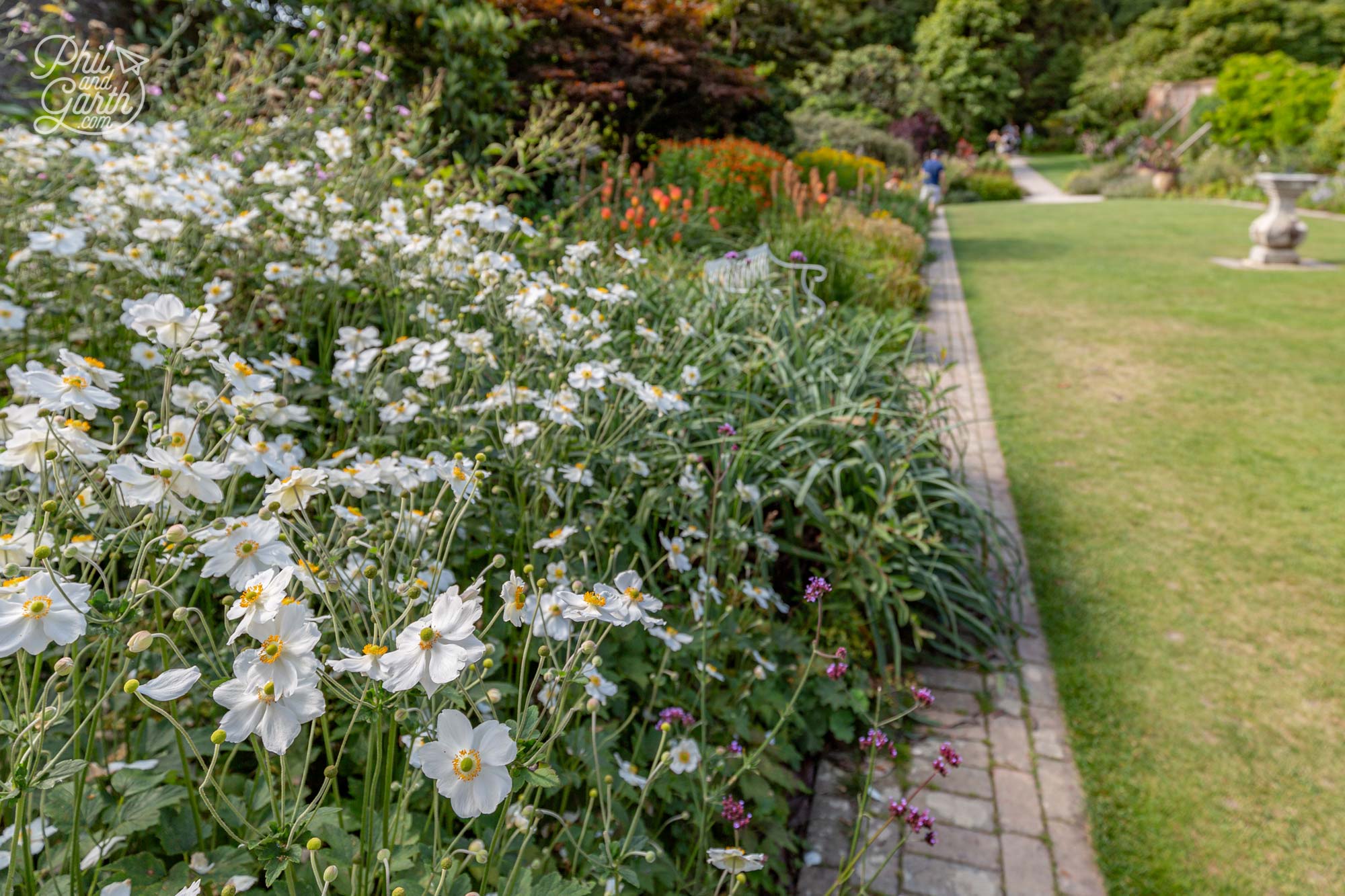 Japanese anemones, crocosmia and red hot pokers fill the borders