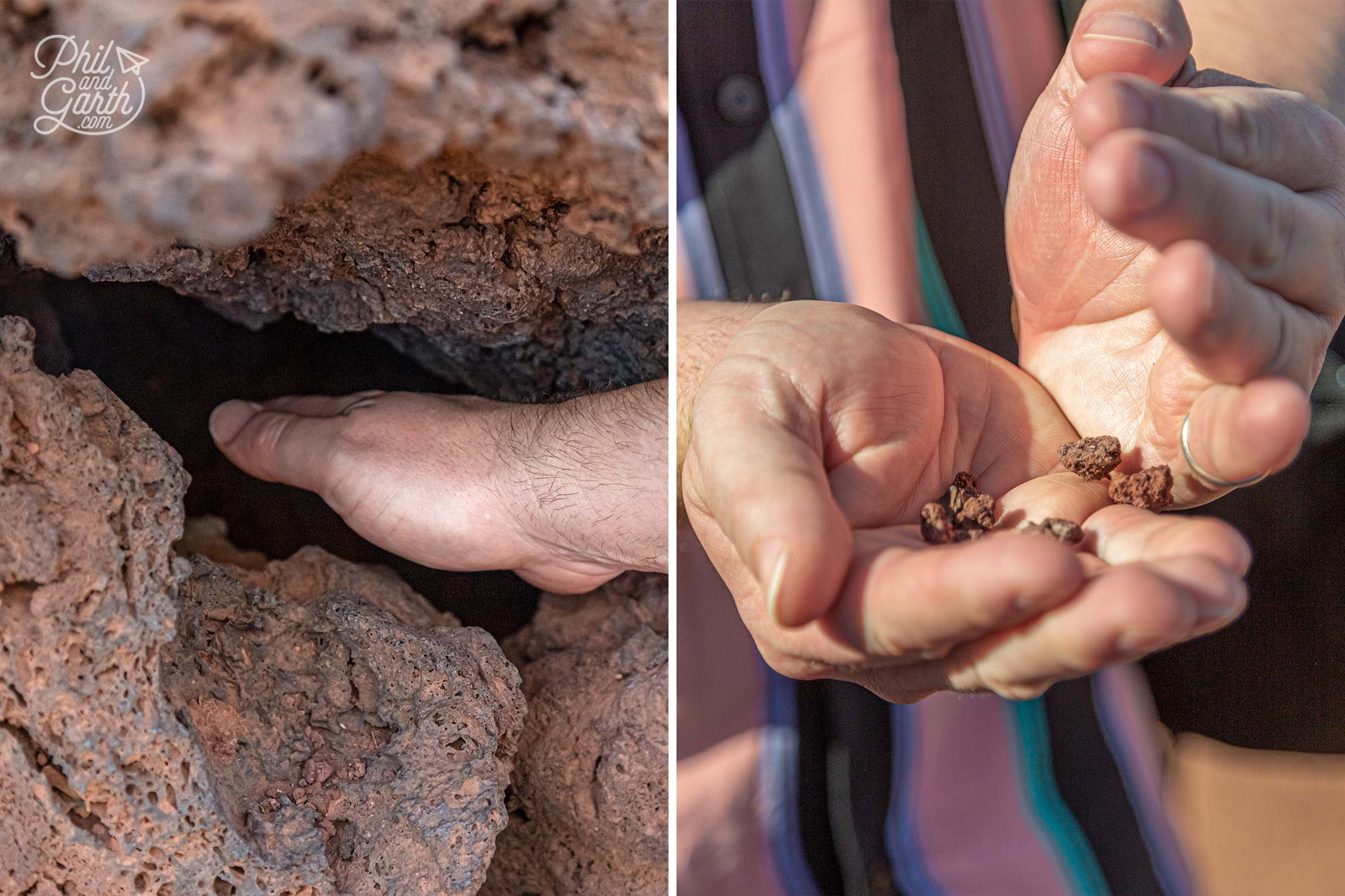 Feel the heat of the volcano by sticking your hand in a crack or picking up some gravel stones